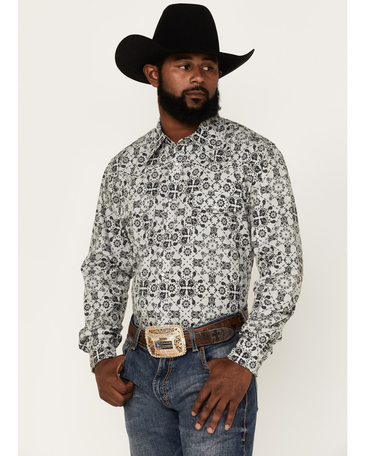 Cowboy Hardware Men's Bandana Print Long Sleeve Pearl Snap Shirt