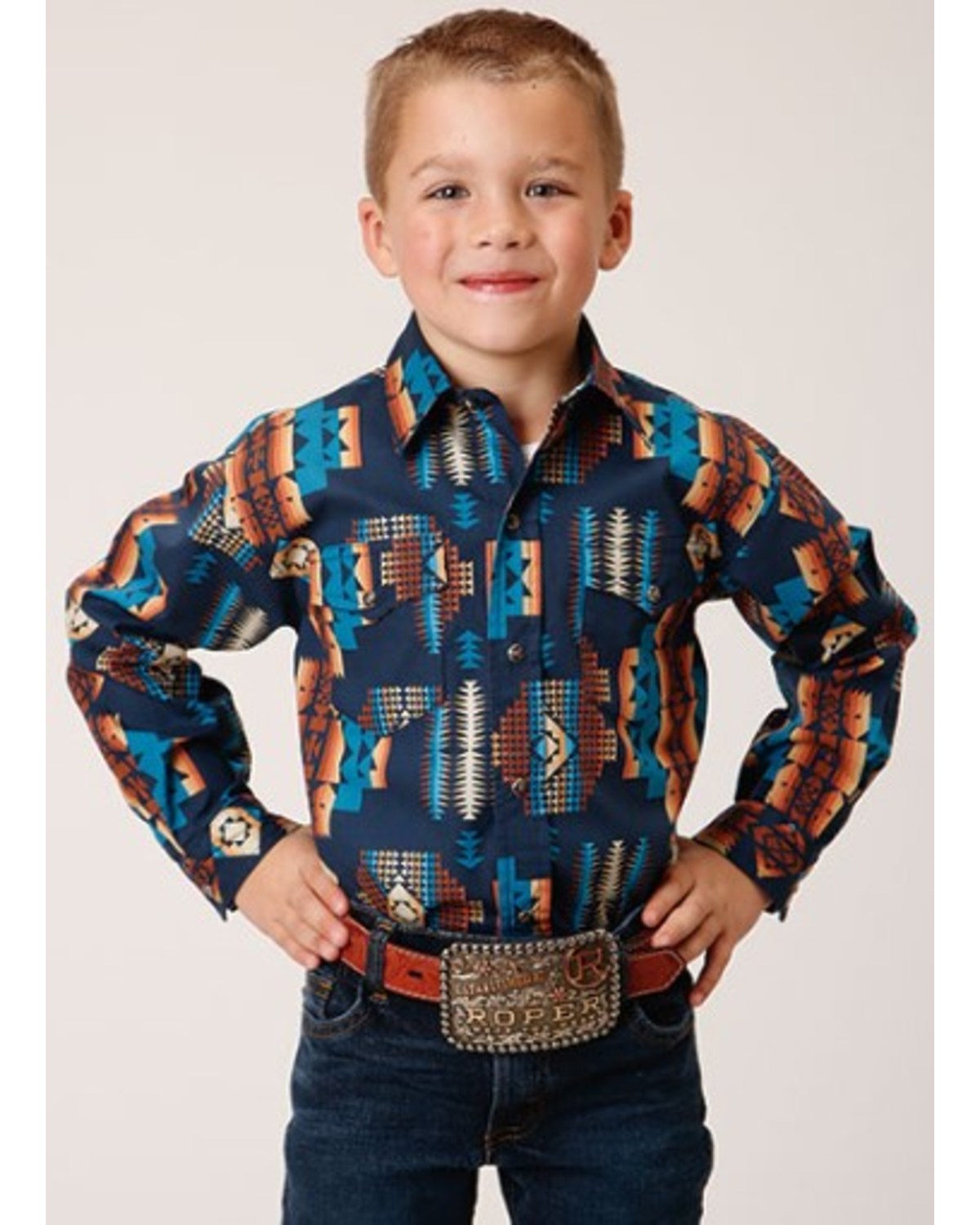 Roper Boys' Vintage Style Vertical Southwestern Print Long Sleeve Snap Western Shirt