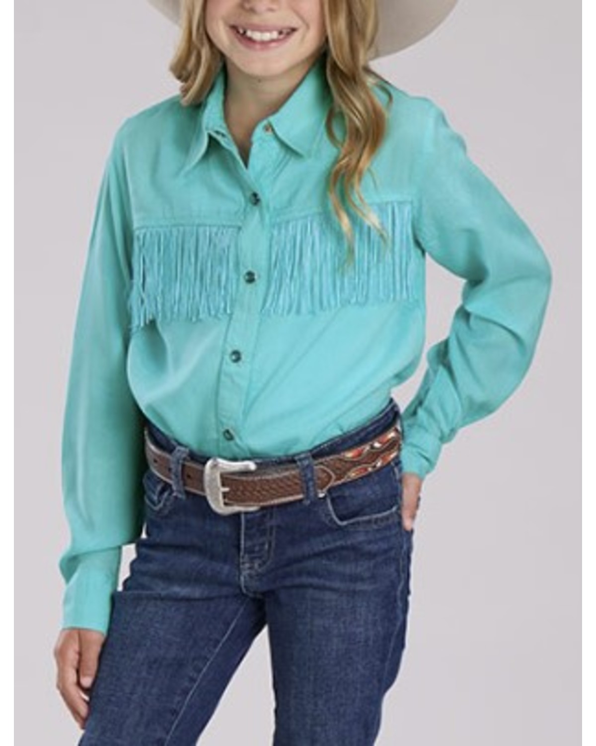 Roper Girls' Summer II Solid Long Sleeve Pearl Snap Fringe Western Shirt