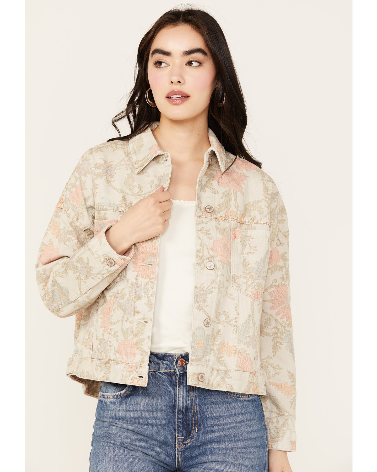 Free People Women's Floral Printed Denim Jacket