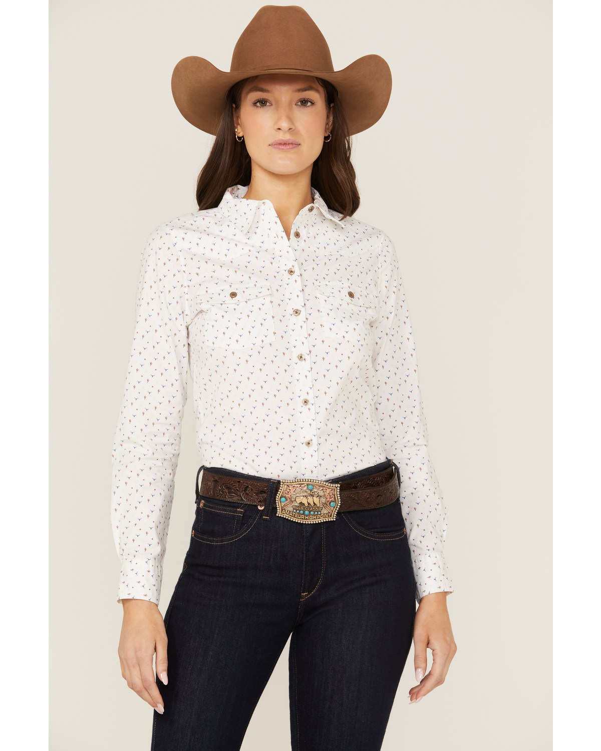 RANK 45® Women's Western Cactus Conversation Print Long Sleeve Button-Down Riding Shirt