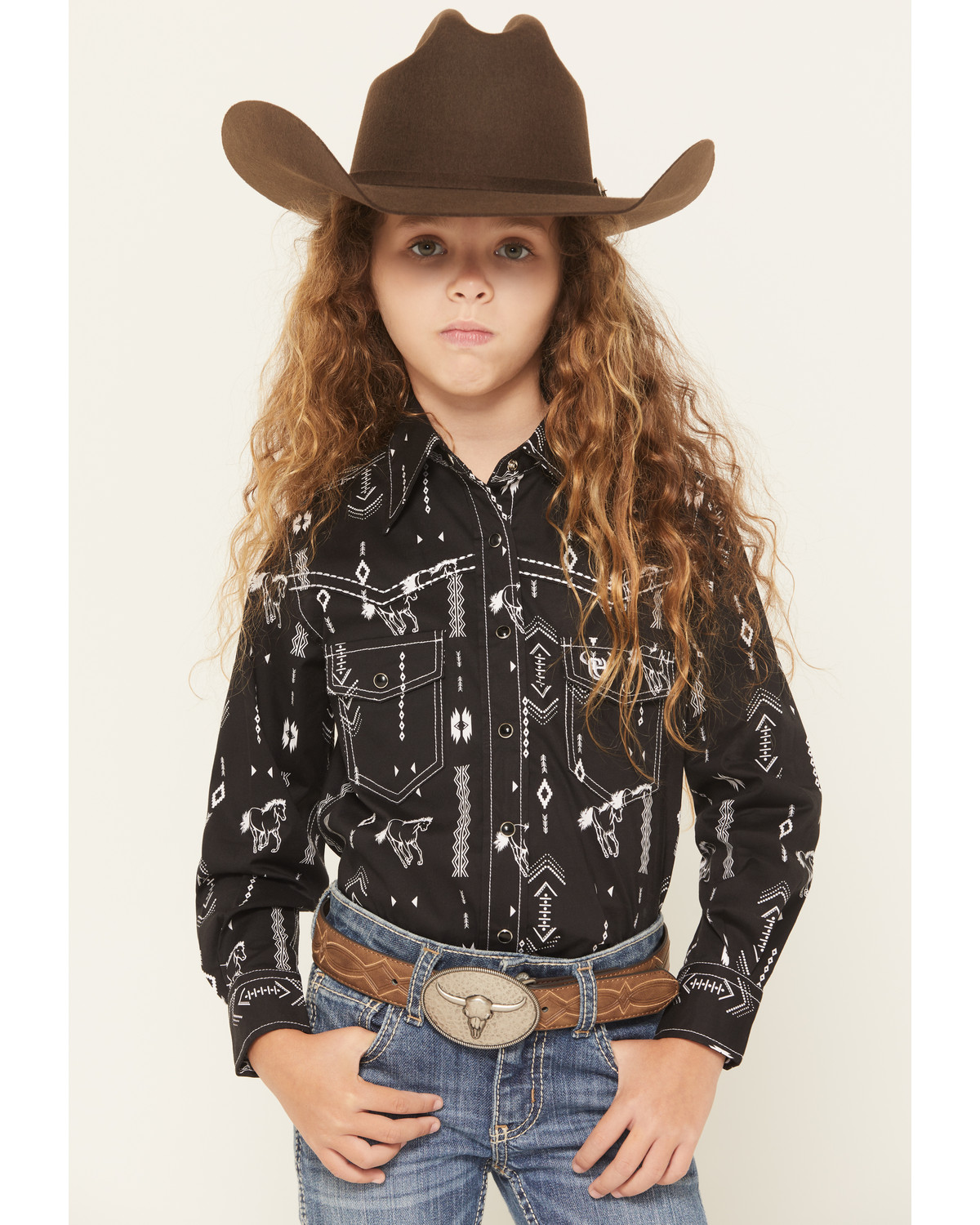 Cowgirl Hardware Girls' Horse Southwest Long Sleeve Snap Stretch Western Shirt