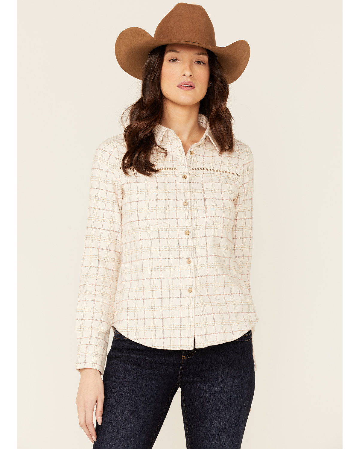 Shyanne Women's Plaid Ivory Trim Detail Long Sleeve Button Shirt