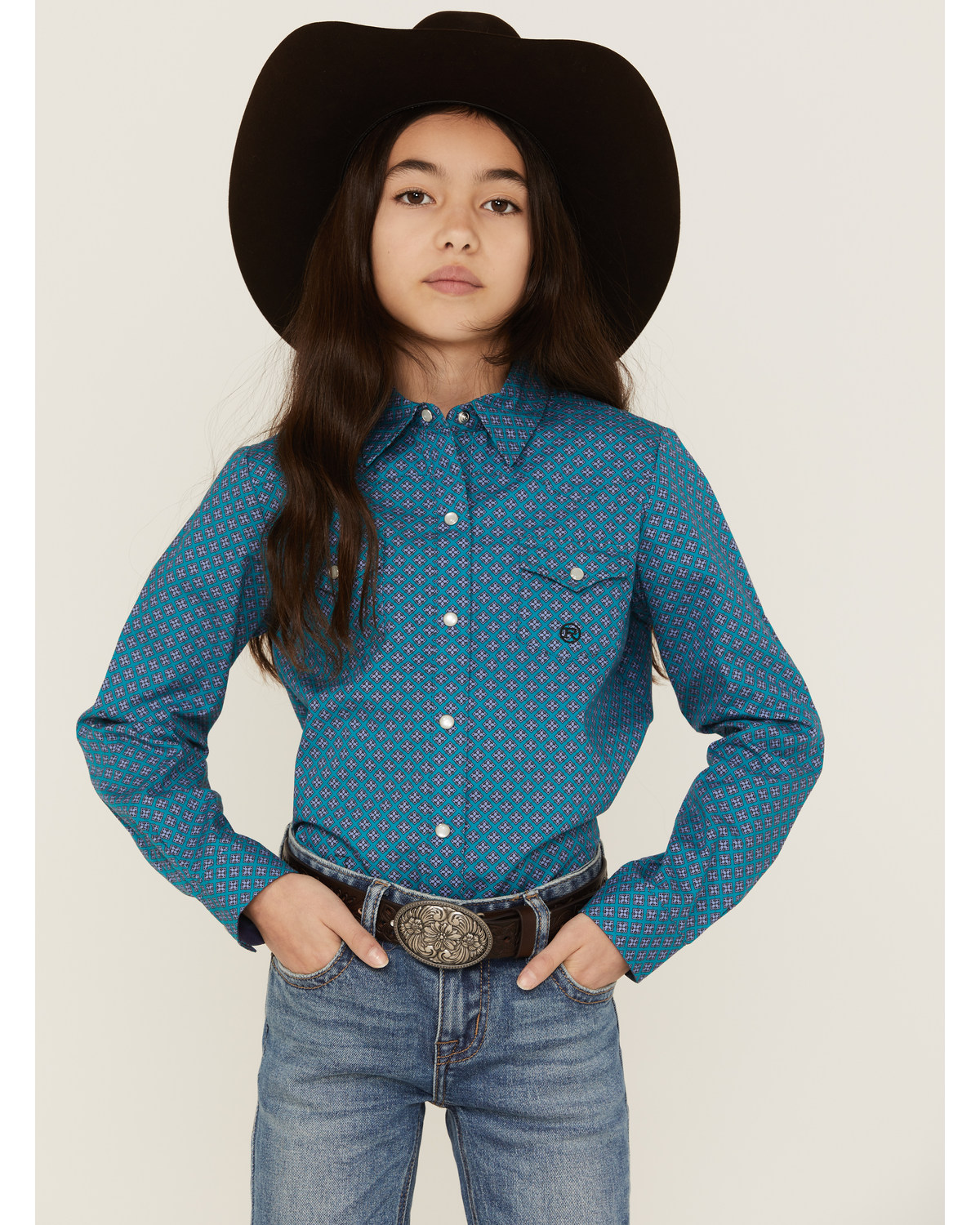 Roper Girls' Amarillo Geo Print Long Sleeve Western Pearl Snap Shirt