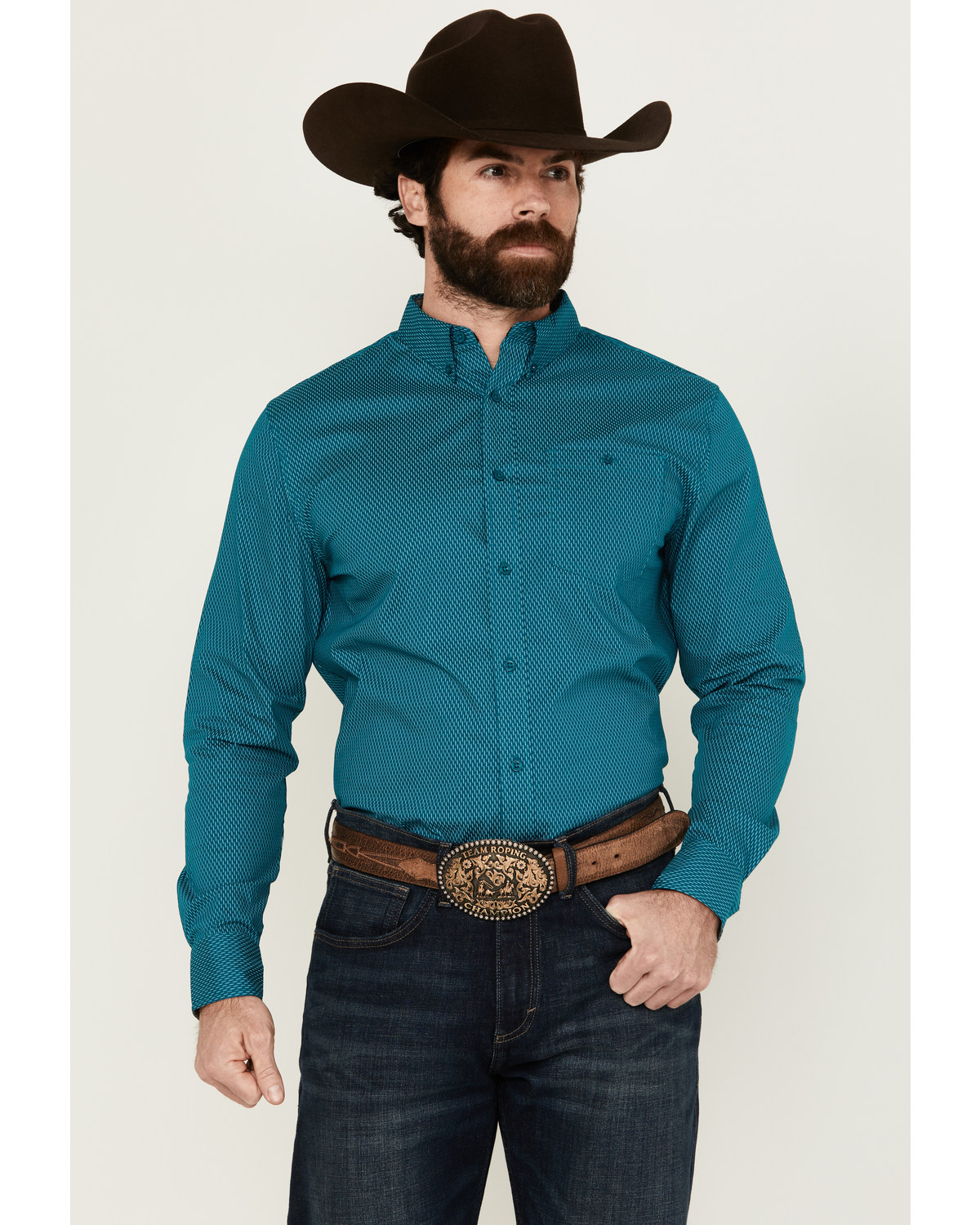 RANK 45® Men's Wagon Geo Print Long Sleeve Button-Down Performance Stretch Western Shirt
