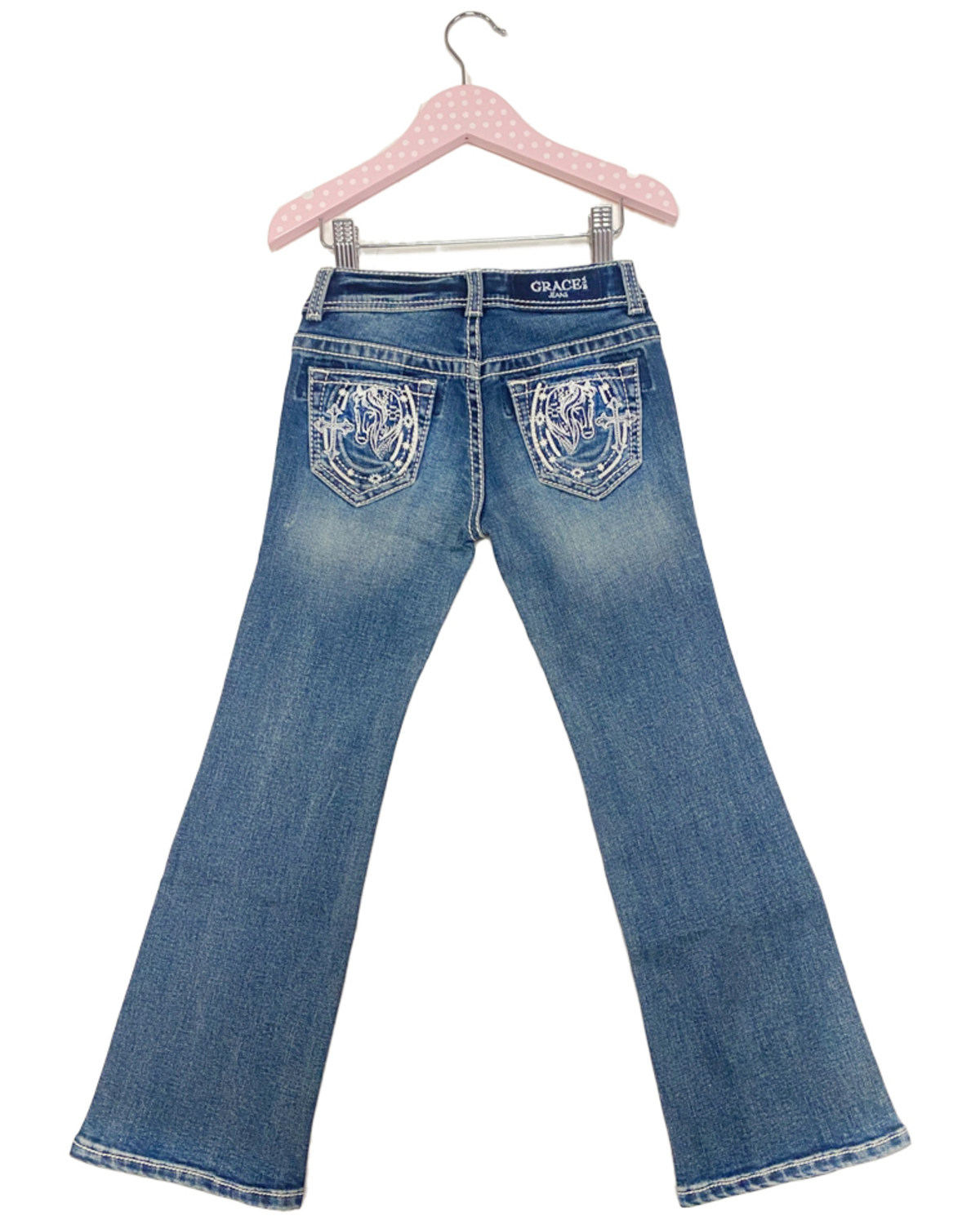 Grace LA Little Girls' Medium Wash Horseshoe Cross Bootcut Jeans