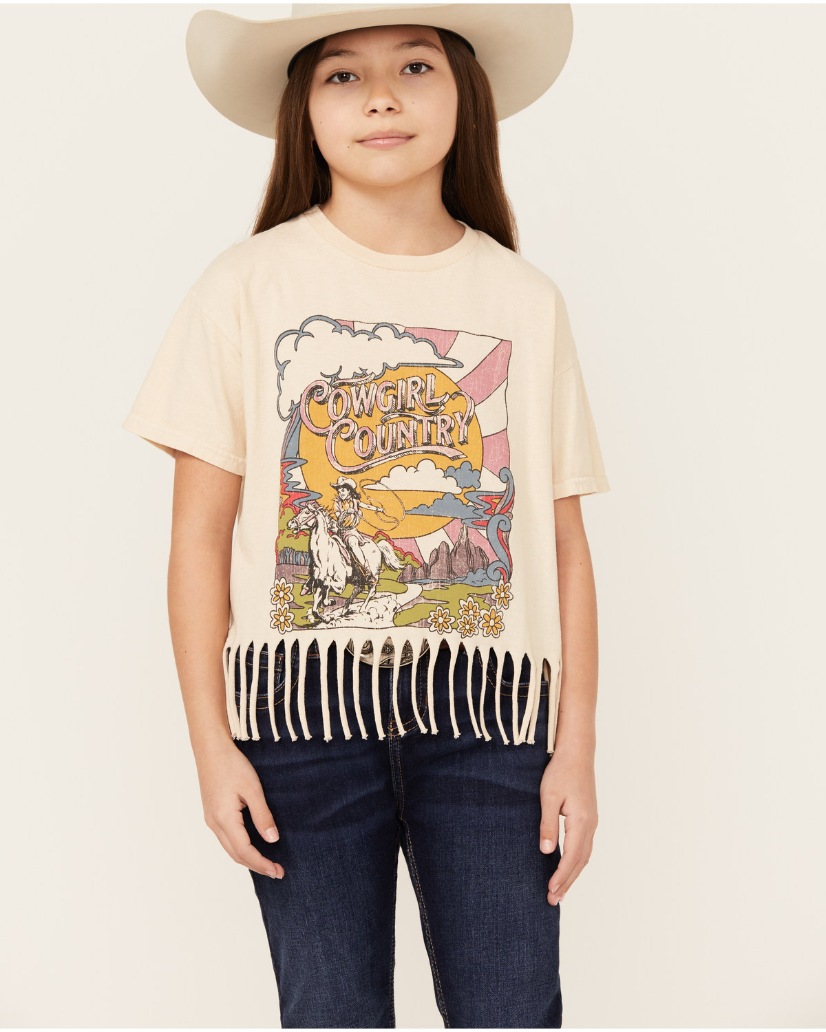 American Highway Girls' Cowgirl Country Short Sleeve Fringe Graphic Tee