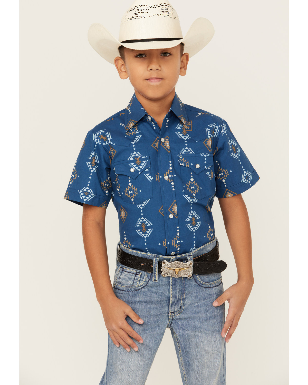 Ely Walker Boys' Southwestern Print Short Sleeve Pearl Snap Western Shirt