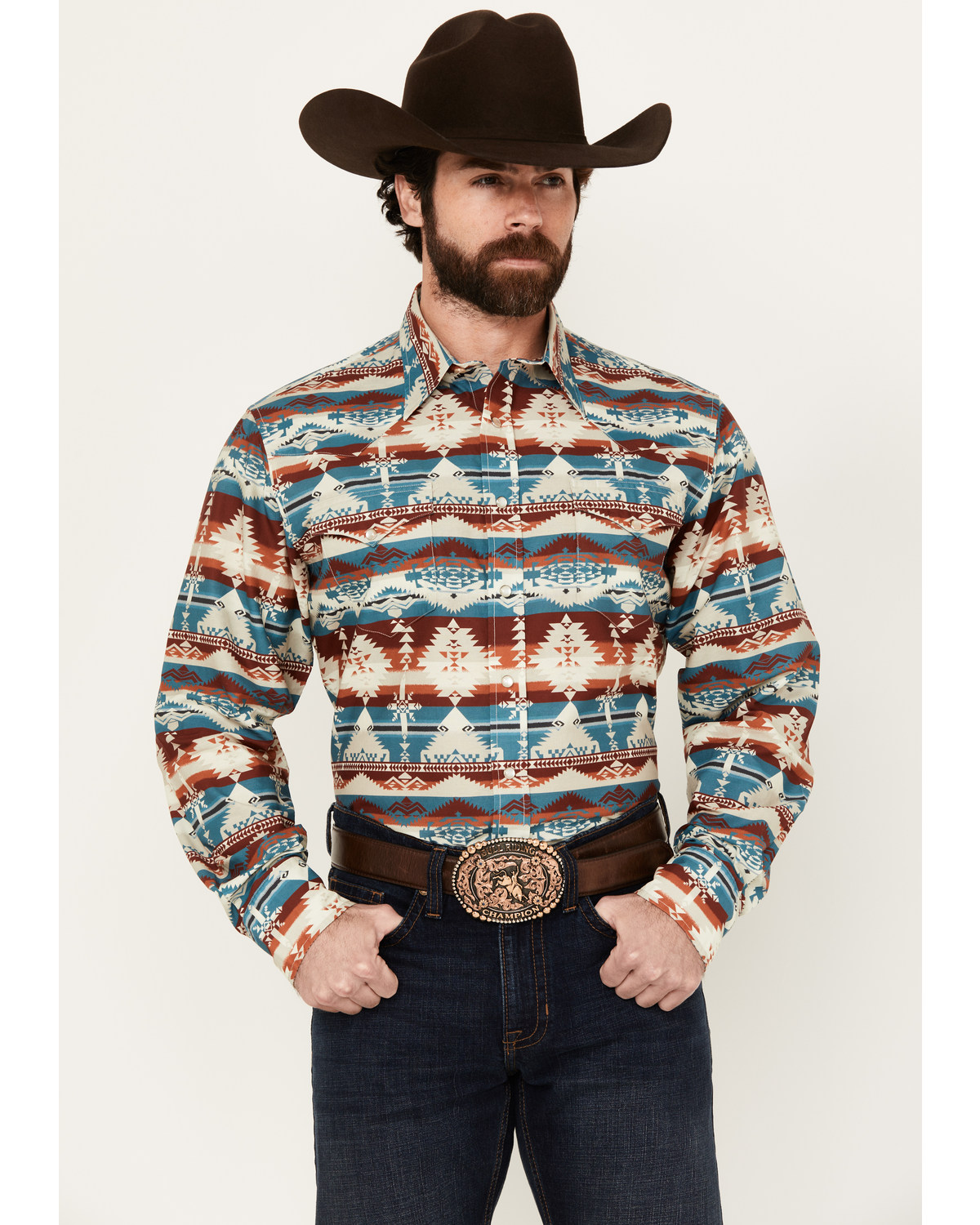 Roper Men's Vintage Southwestern Print Long Sleeve Pearl Snap Western Shirt