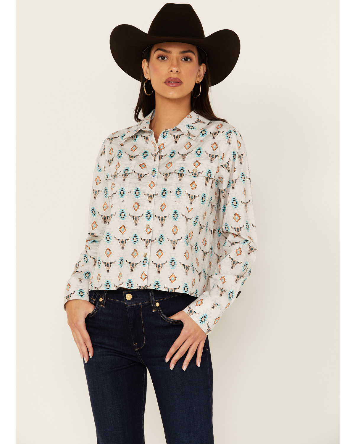 Panhandle Women's Steer Print Long Sleeve Snap Western Shirt