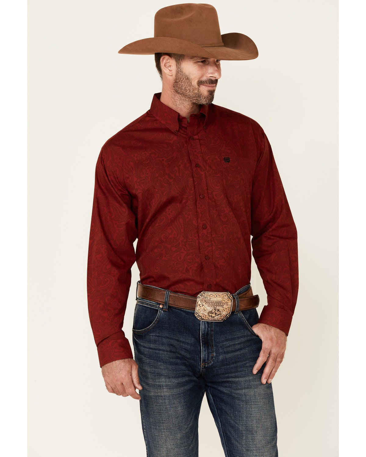Cinch Men's Burgundy Paisley Print Long 