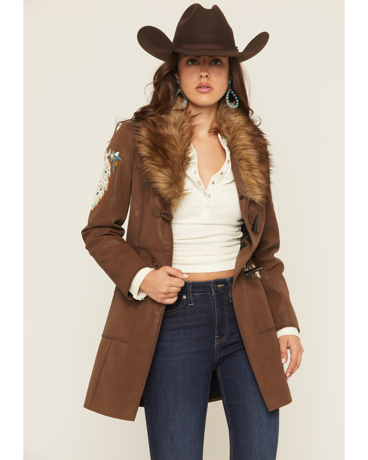 Shyanne Women's Faux Leather Fur Collar Embroidered Coat