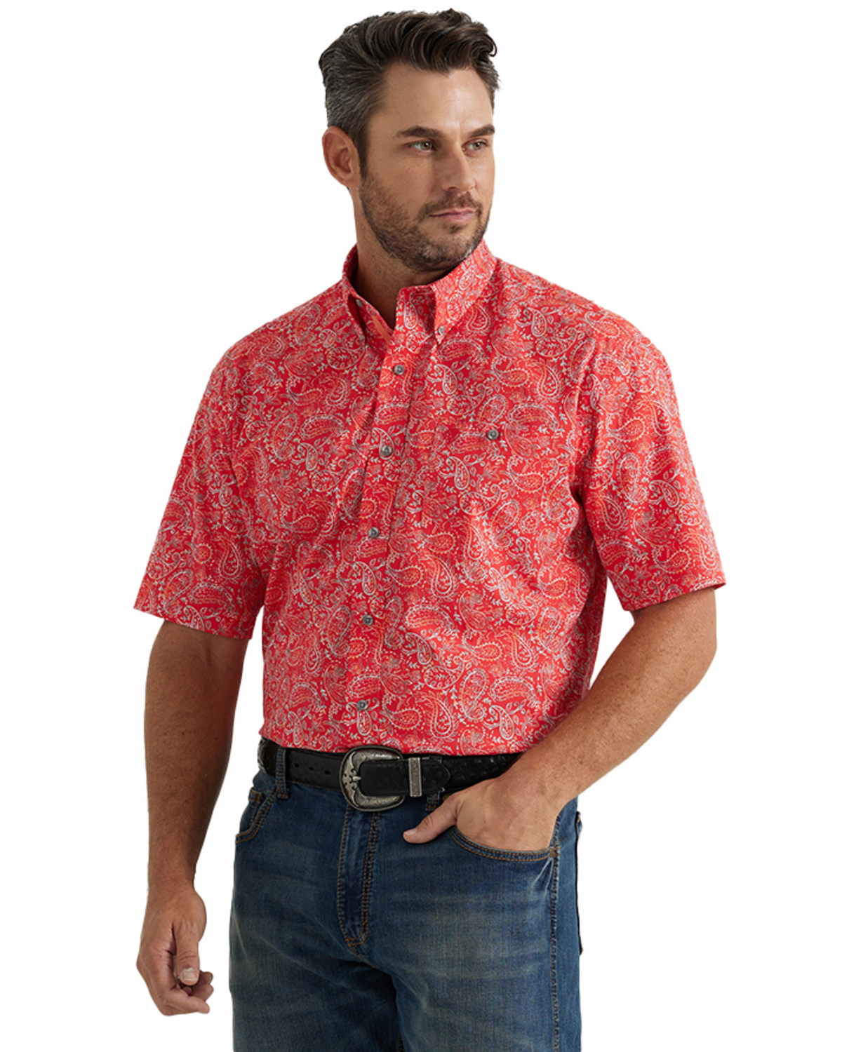 George Strait by Wrangler Men's Paisley Print Short Sleeve Button-Down Stretch Western Shirt