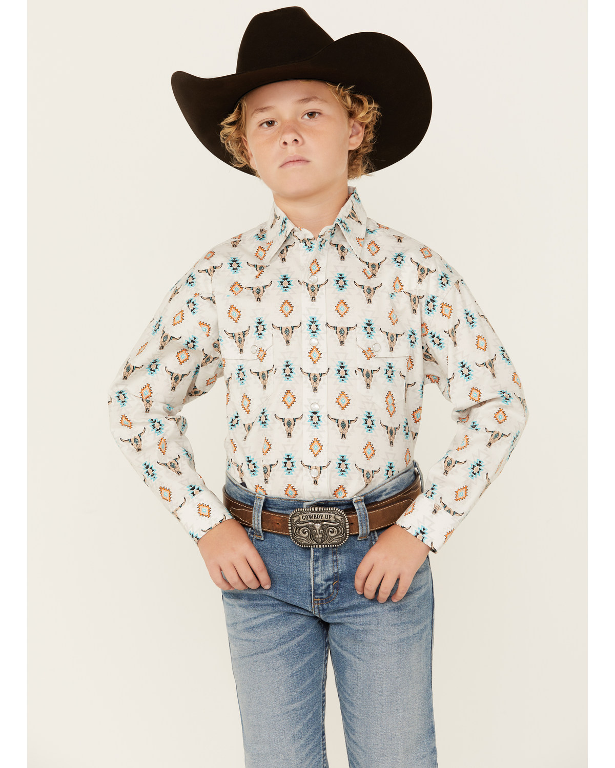 Rock & Roll Denim Boys' Steer Head Southwestern Print Long Sleeve Pearl Snap Stretch Western Shirt