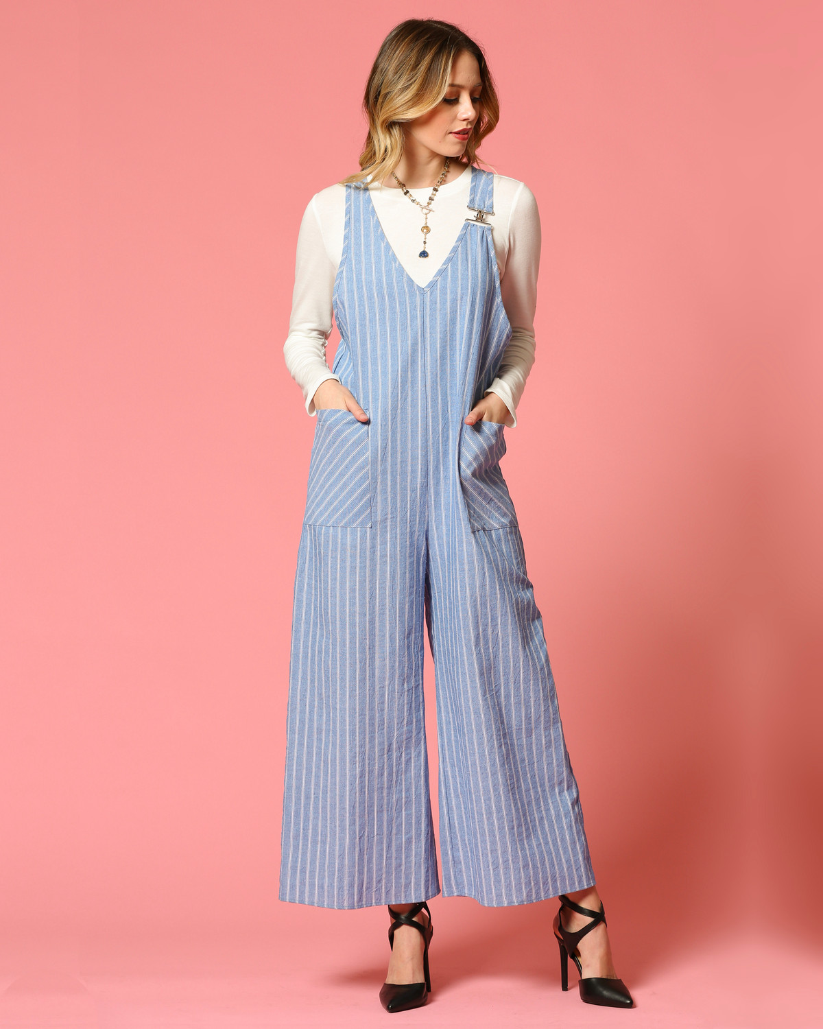 pink and blue striped jumpsuit