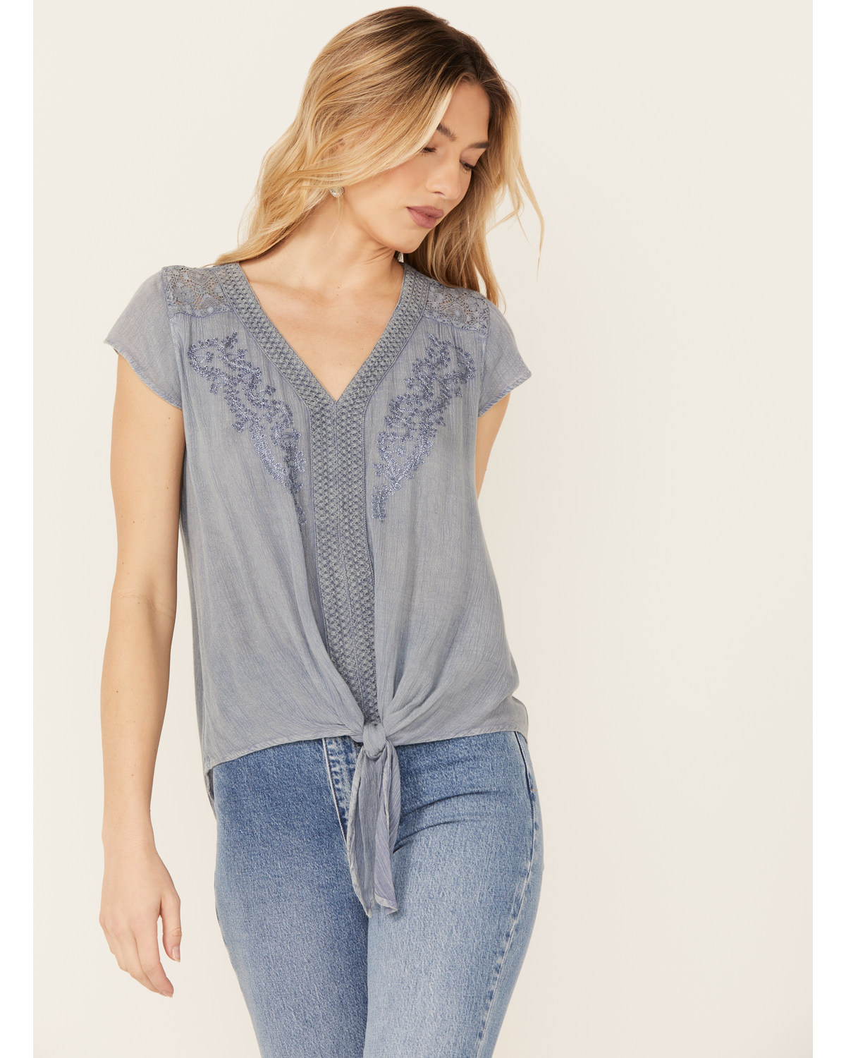 Nostalgia Women's Cap Sleeve Embroidered Tie Front Top