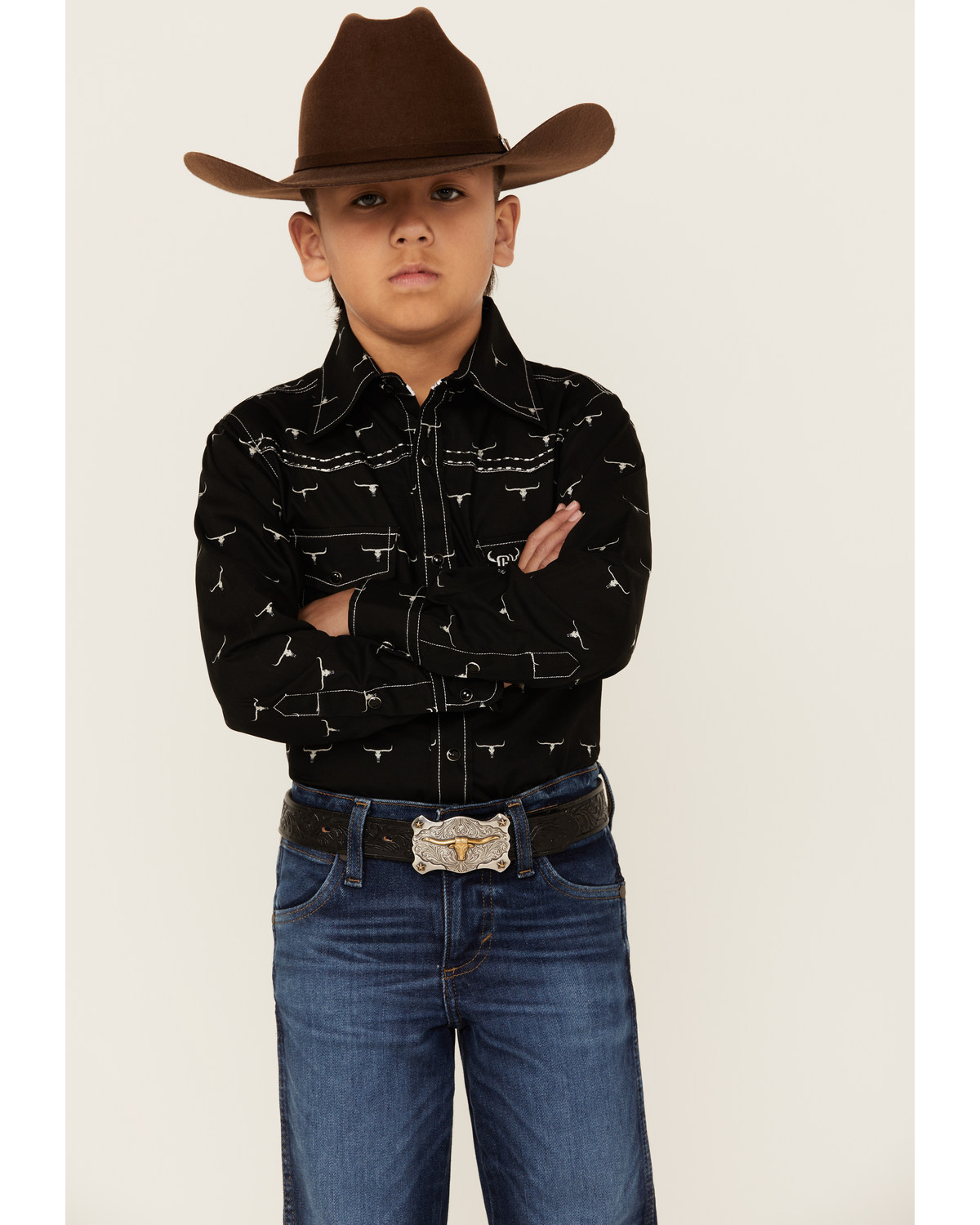 Cowboy Hardware Boys' Steerhead Print Long Sleeve Snap Western Shirt