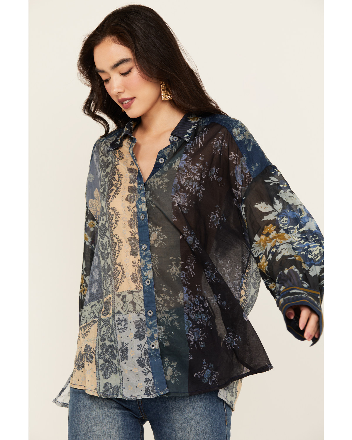 Free People Women's Flower Patch Long Sleeve Button-Down Blouse