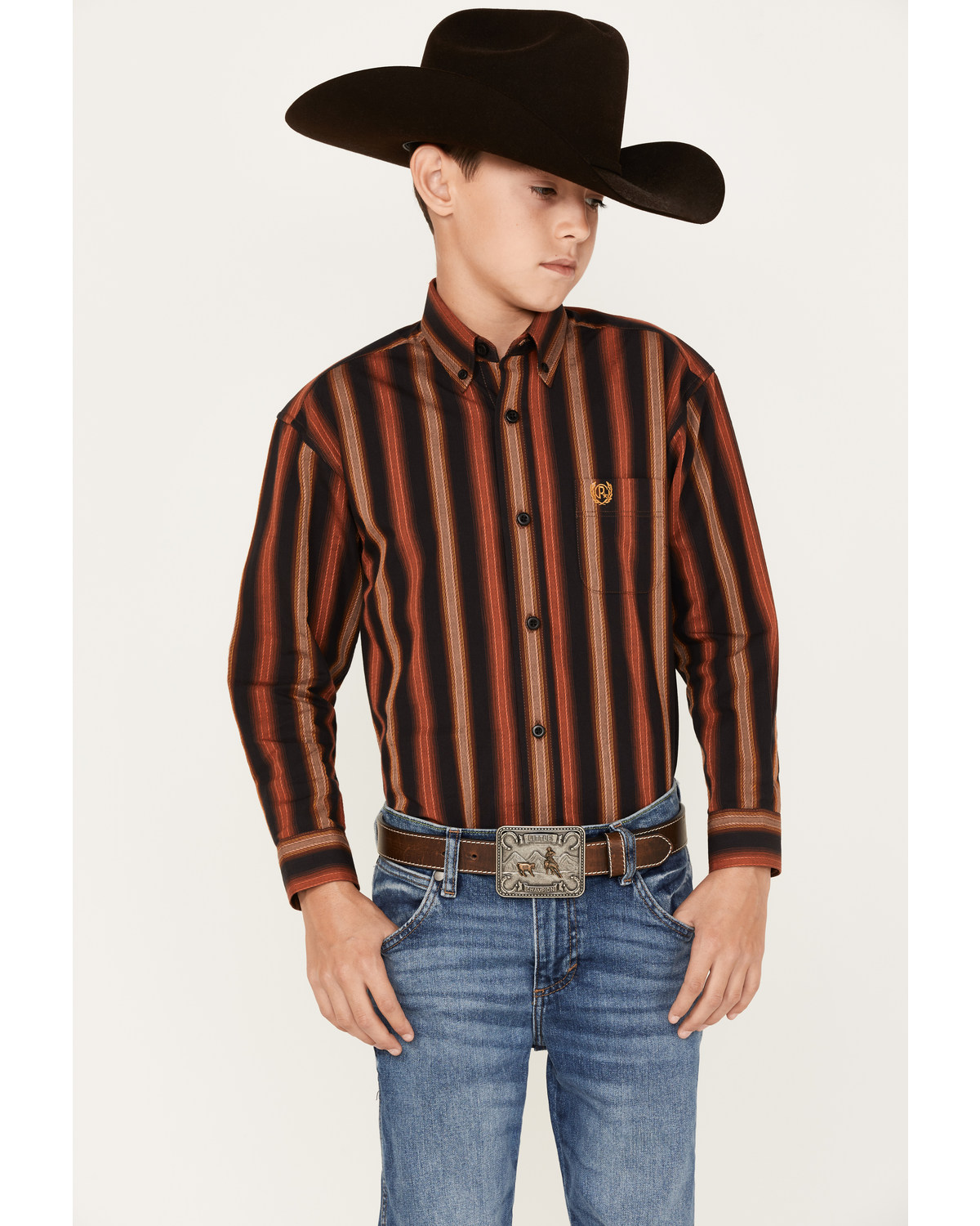 Panhandle Boys' Stripe Print Long Sleeve Button-Down Shirt