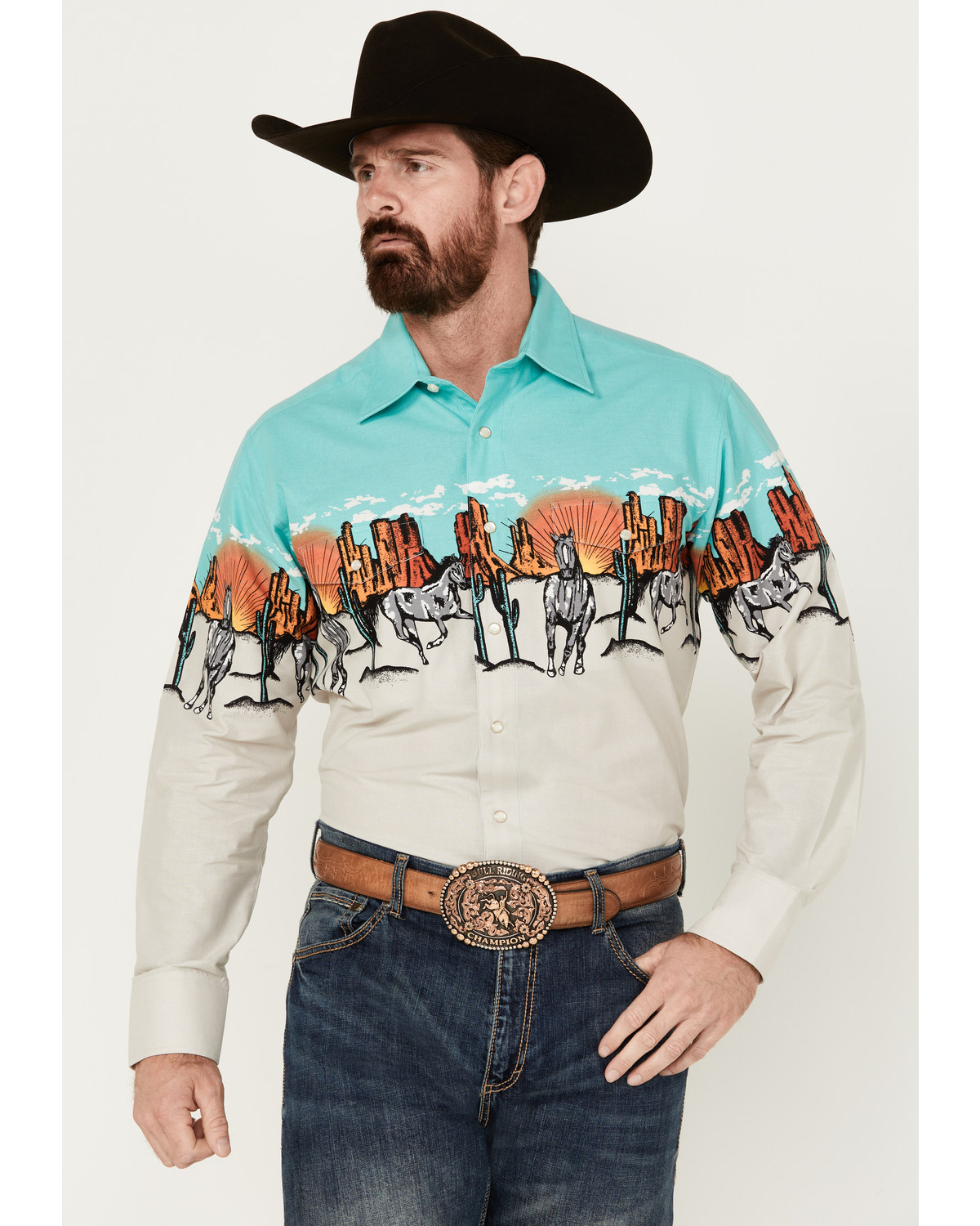 Panhandle Men's Desert Border Long Sleeve Pearl Snap Western Shirt