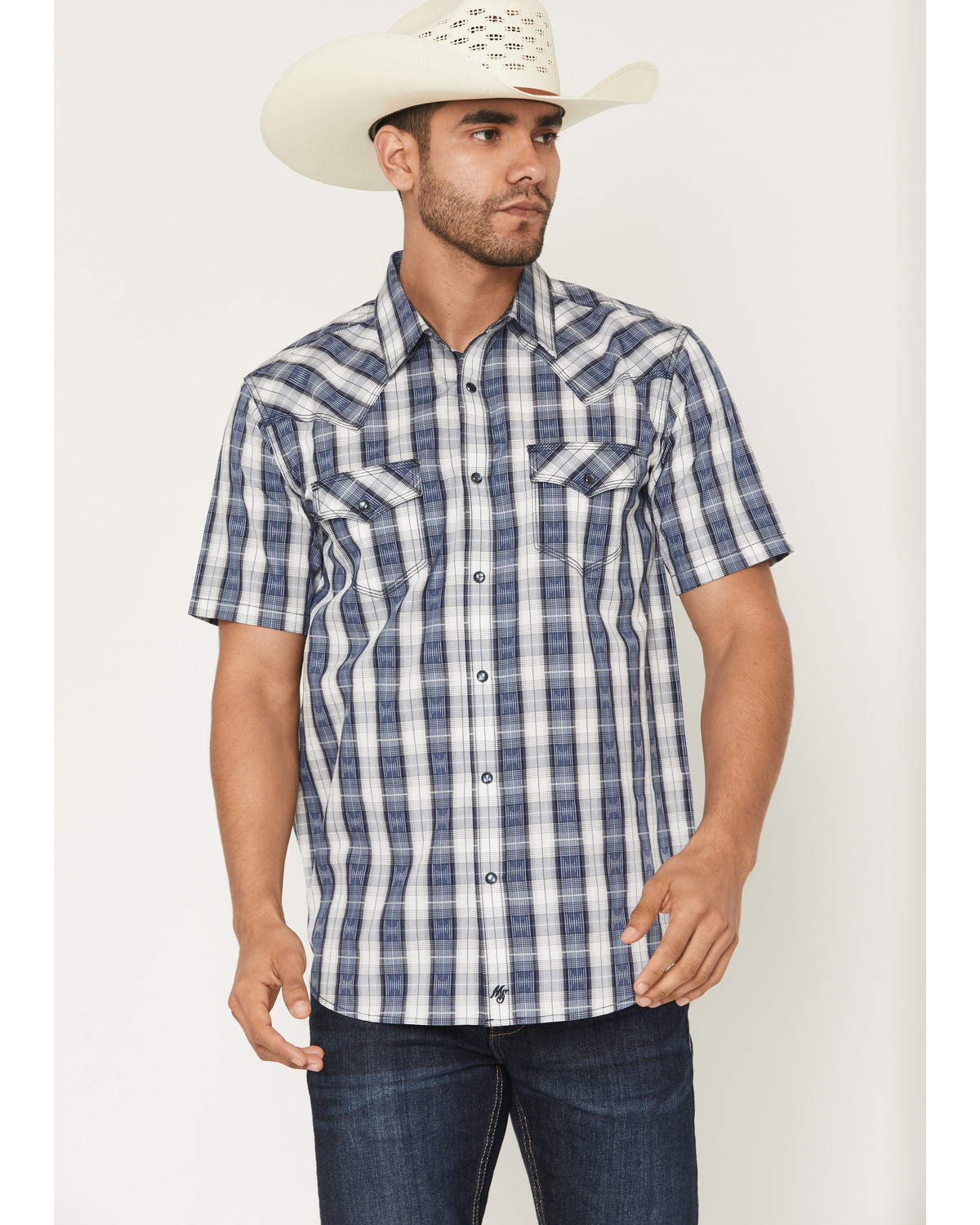 Moonshine Spirit Men's Desert Willow Plaid Print Short Sleeve Pearl Snap Western Shirt