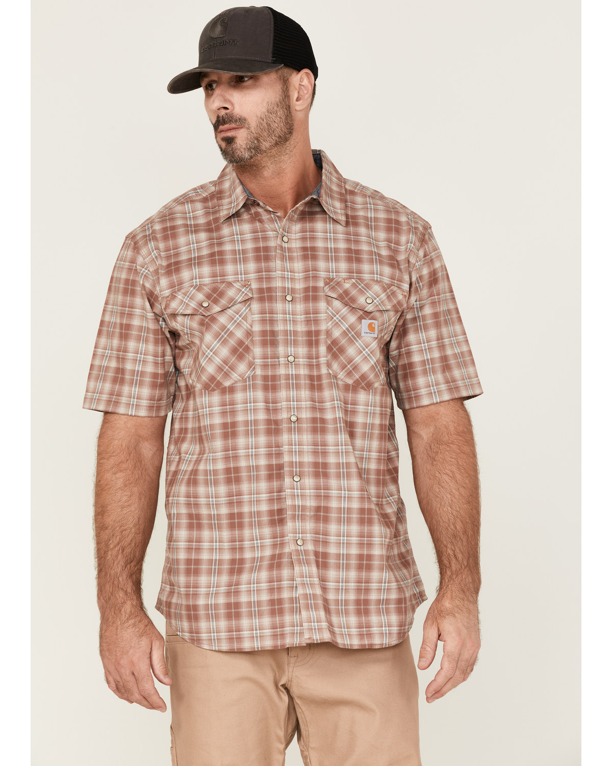 Carhartt Men's Rugged Flex Nutmeg Plaid Relaxed Short Sleeve Snap Western Shirt