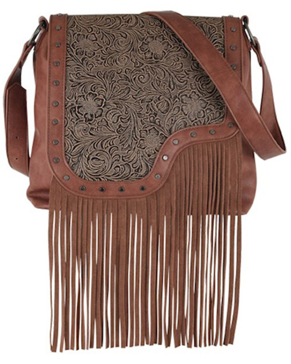 Catchfly Women's Asymmetrical Tooled Yoke Fringe Crossbody Bag