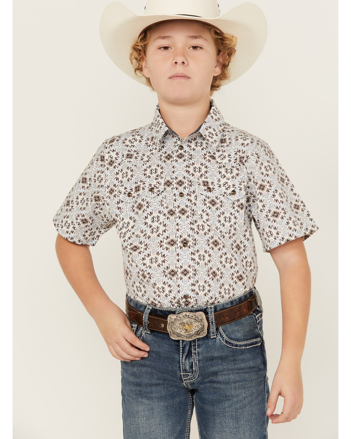 Cody James Boys' High Plains Southwestern Print Short Sleeve Snap Western Shirt