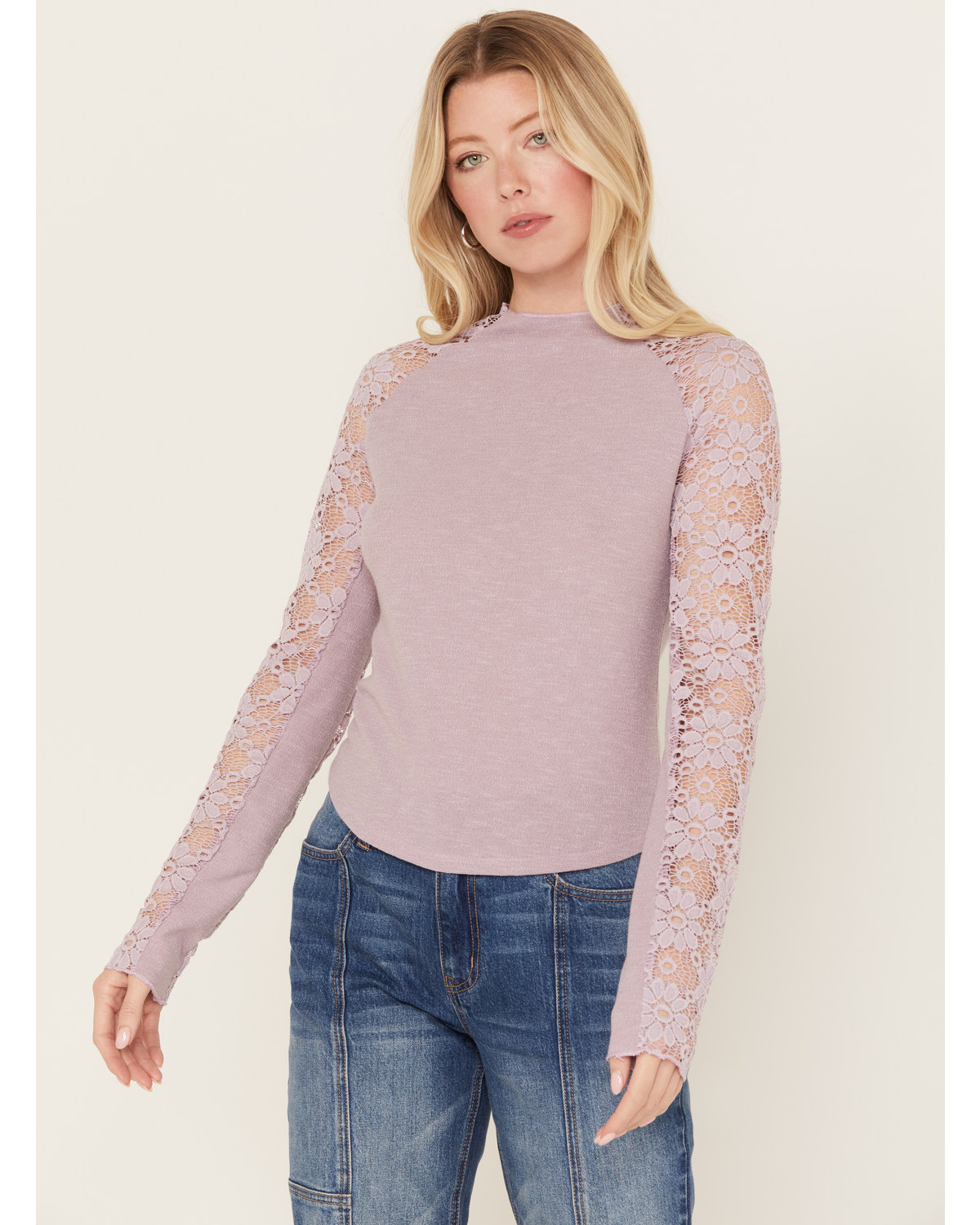 Wild Moss Women's Floral Lace Sleeve Mock Neck Top