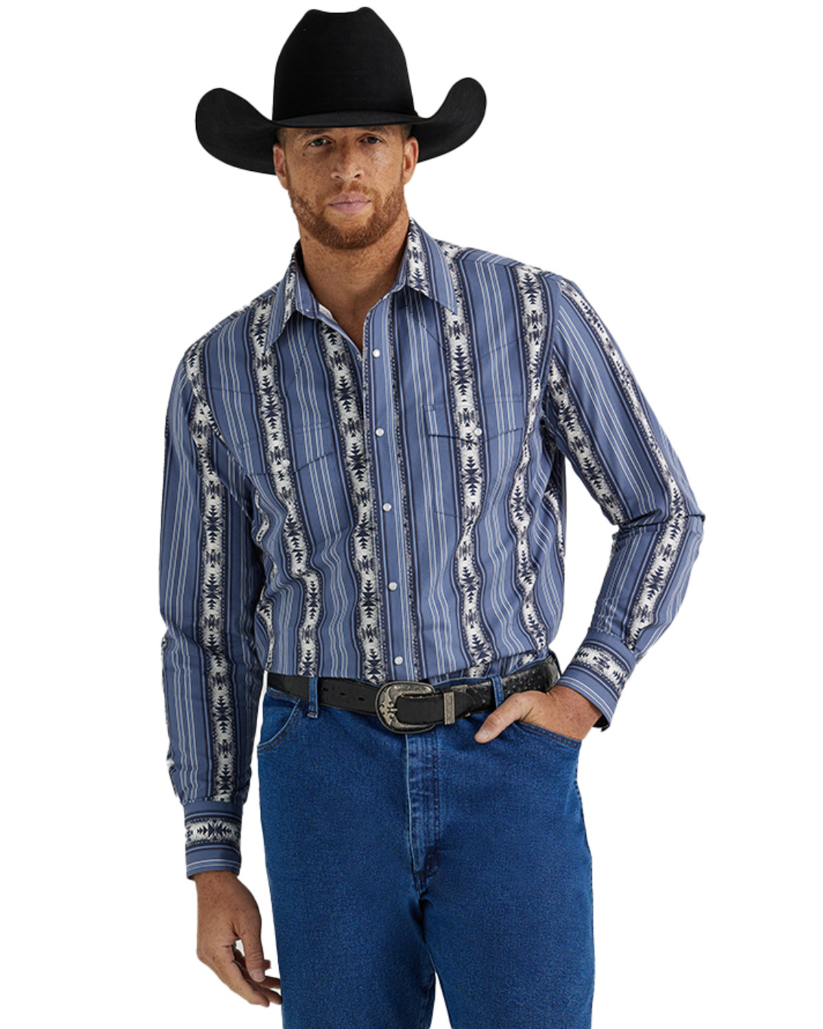Wrangler Men's Checotah Southwestern Striped Print Long Sleeve Pearl Snap Western Shirt