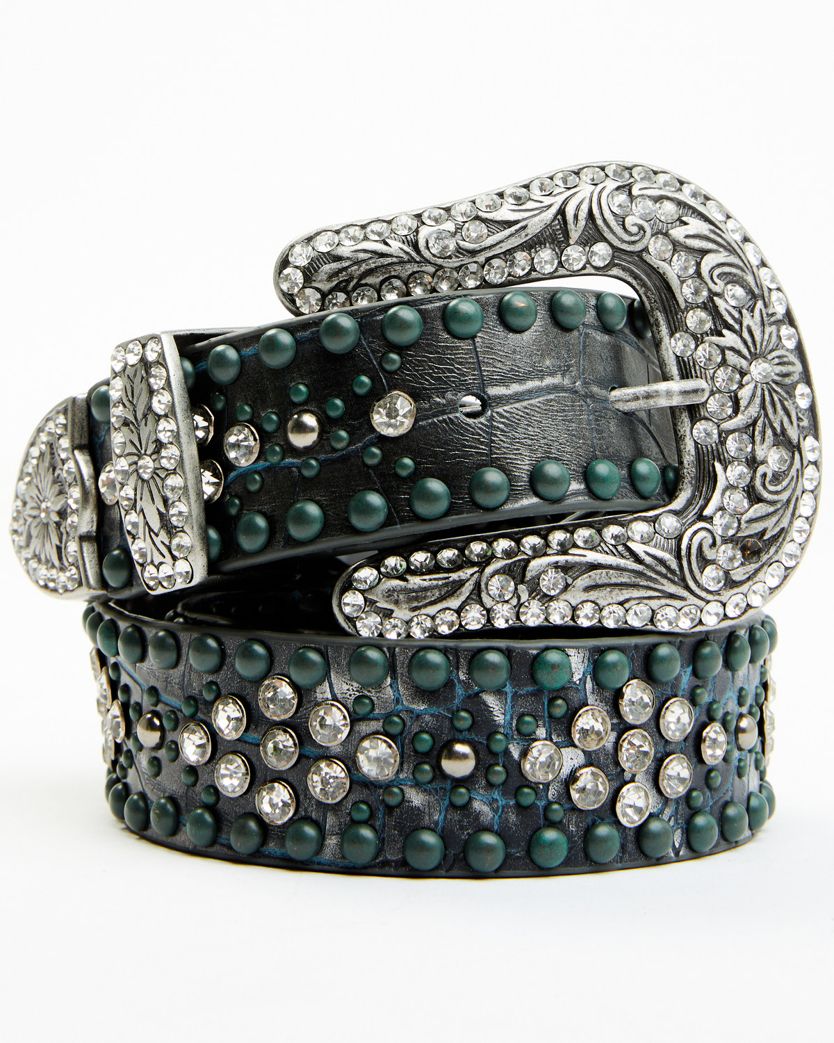 Shyanne Women's Silver Distressed Croc Turquoise & Rhinestone Bling Belt