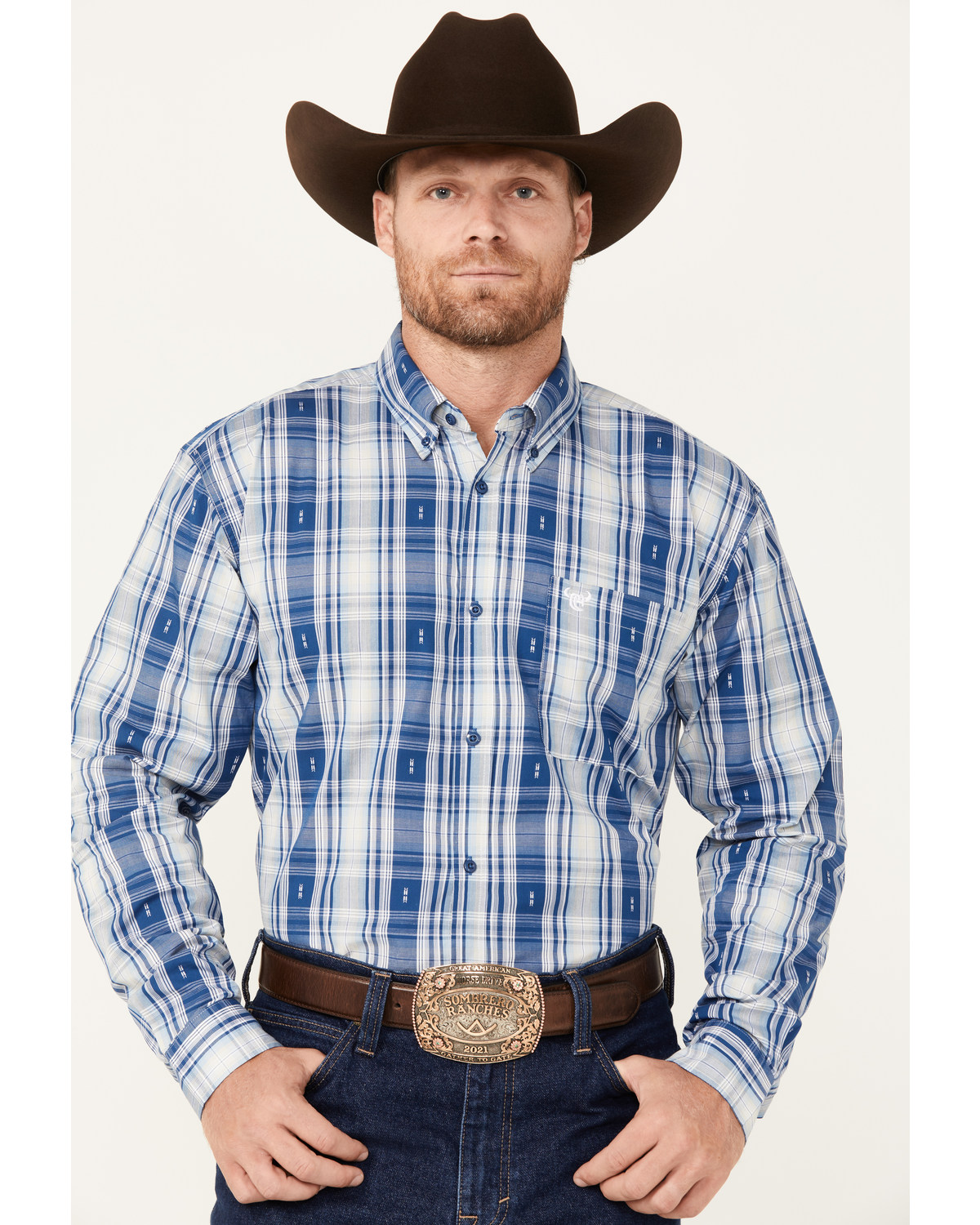 Cowboy Hardware Men's Jacquard Plaid Print Long Sleeve Button-Down Western Shirt