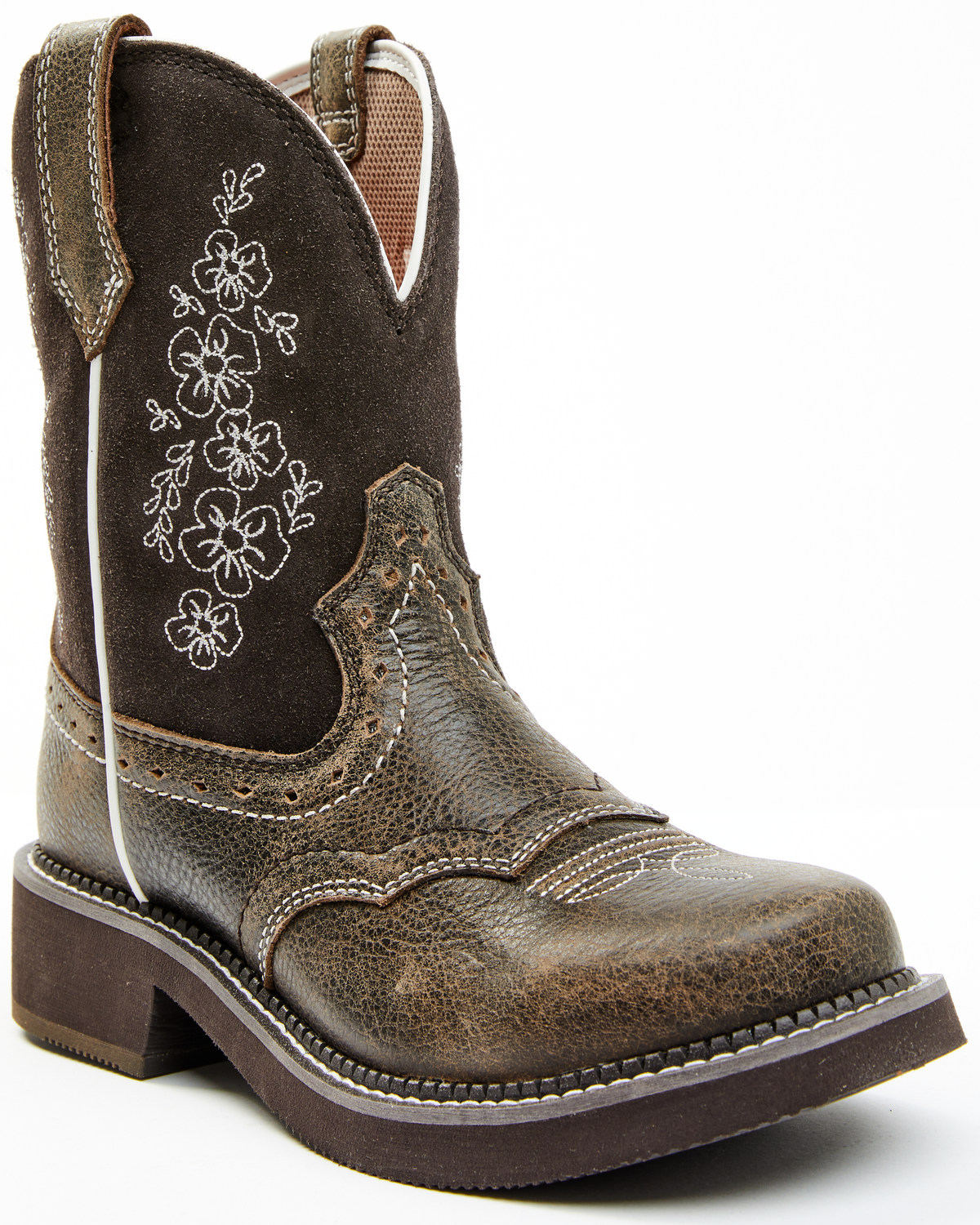 Shyanne Women's Adalia Floral Stitched Shaft Leather Western Boots - Wide Round Toe