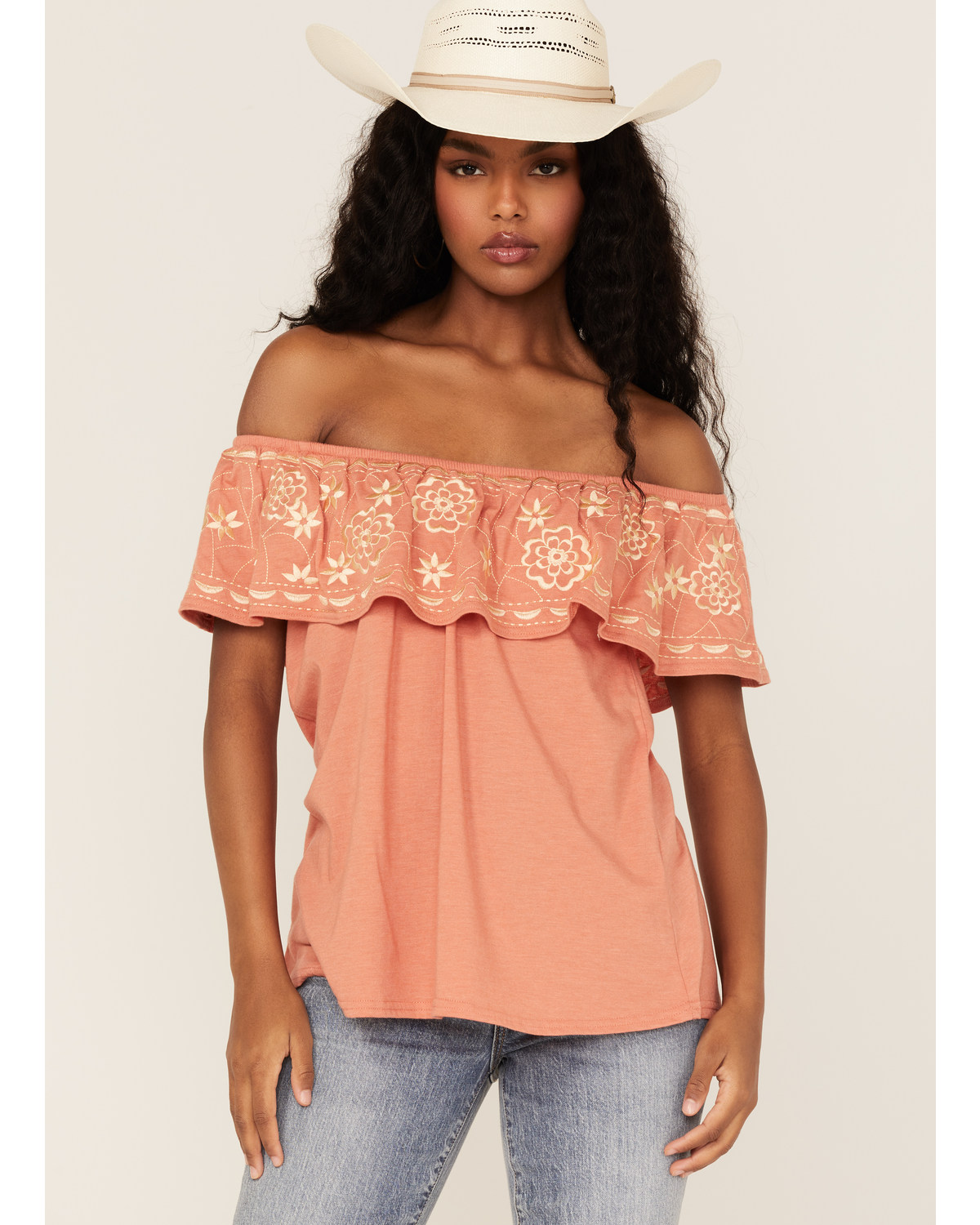 Panhandle Women's Embroidered Flounce Off Shoulder Top