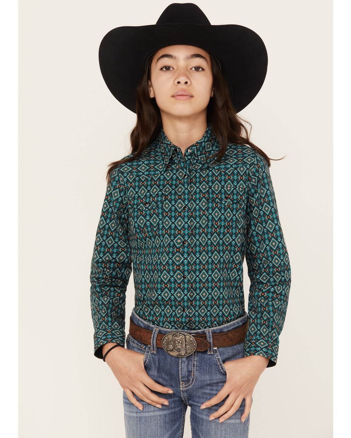 Roper Girls' Geo Print Long Sleeve Snap Western Shirt