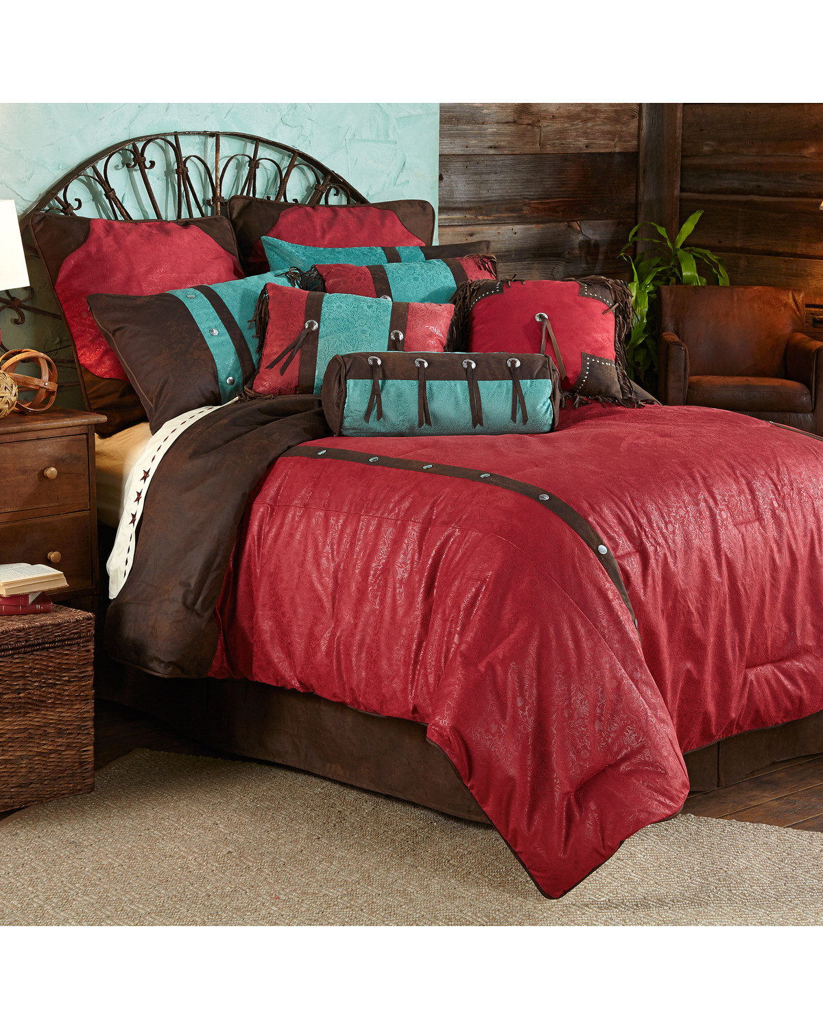 Hiend Accents 7 Piece Super Queen Cheyenne Red Tooled Faux Leather
