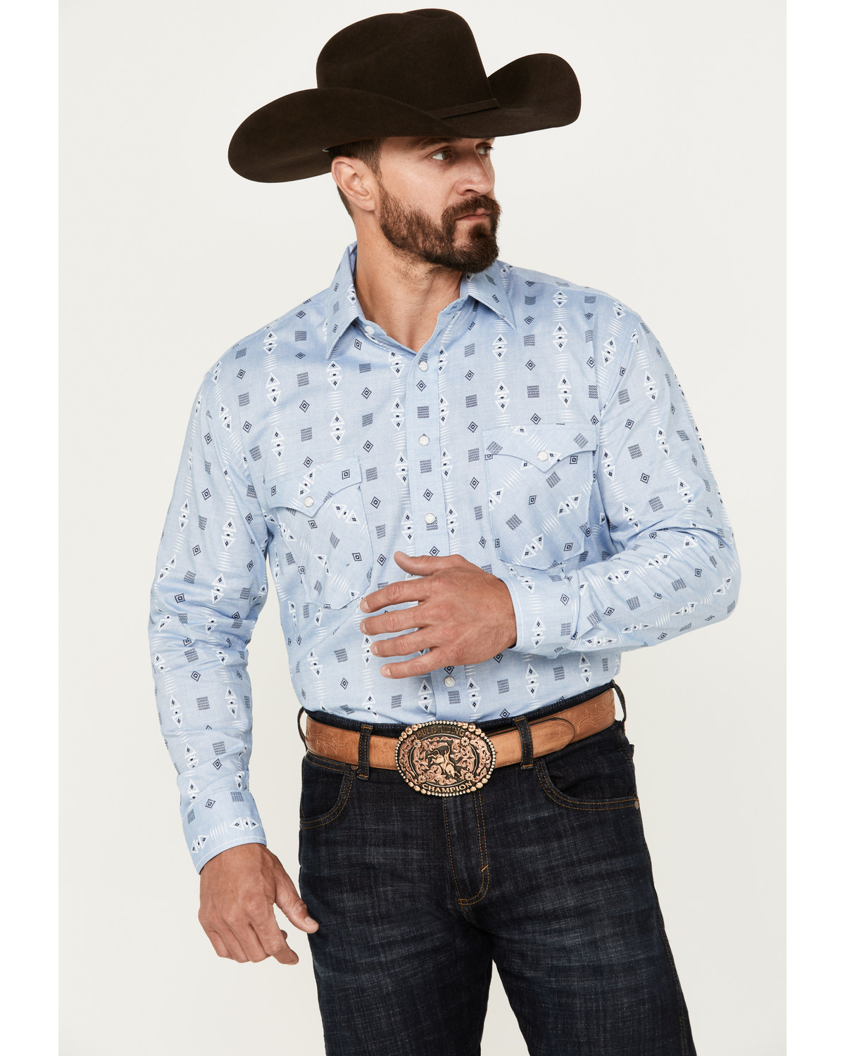 Rough Stock by Panhandle Men's Chambray Southwestern Print Long Sleeve Snap Western Shirt