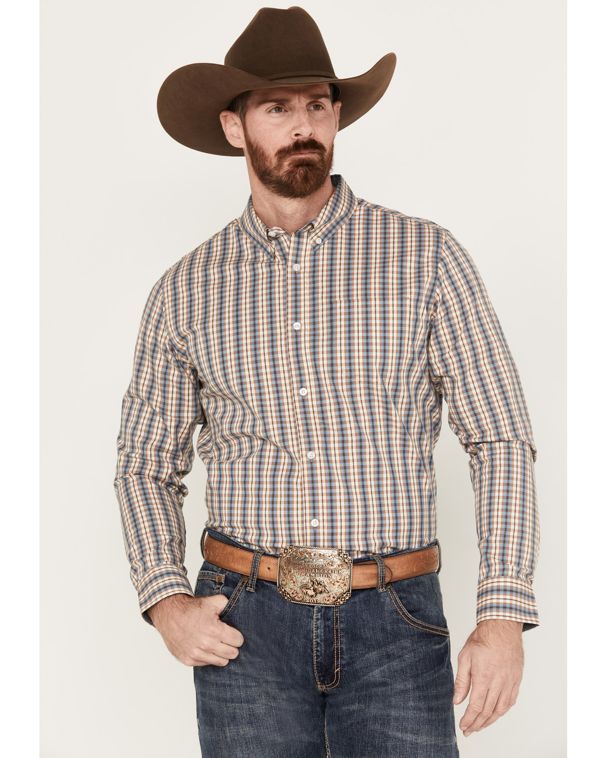 Cody James Men's Hayfield Plaid Print Long Sleeve Button Down Stretch Western Shirt - Tall
