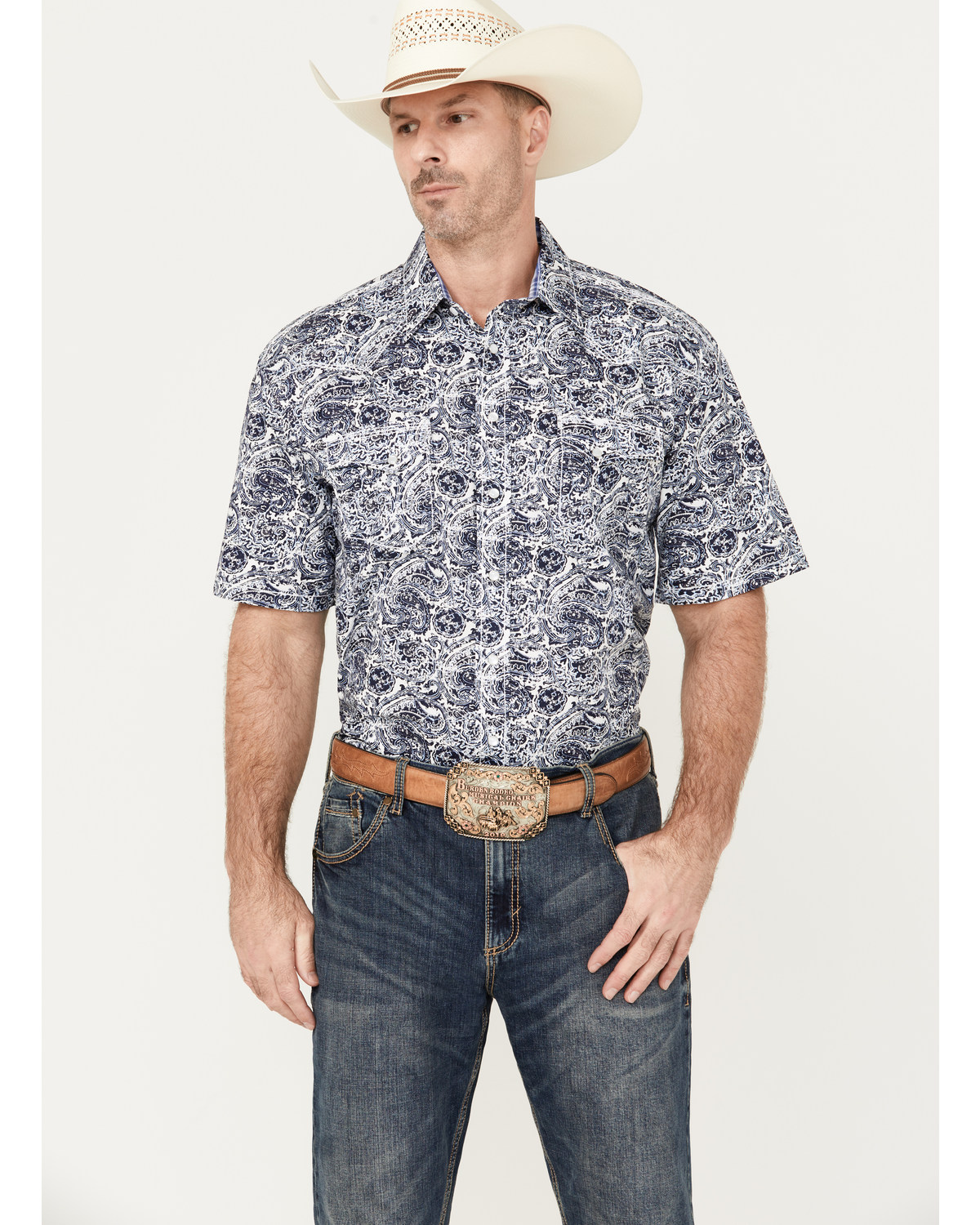 Rough Stock by Panhandle Men's Paisley Print Short Sleeve Pearl Snap Western Shirt
