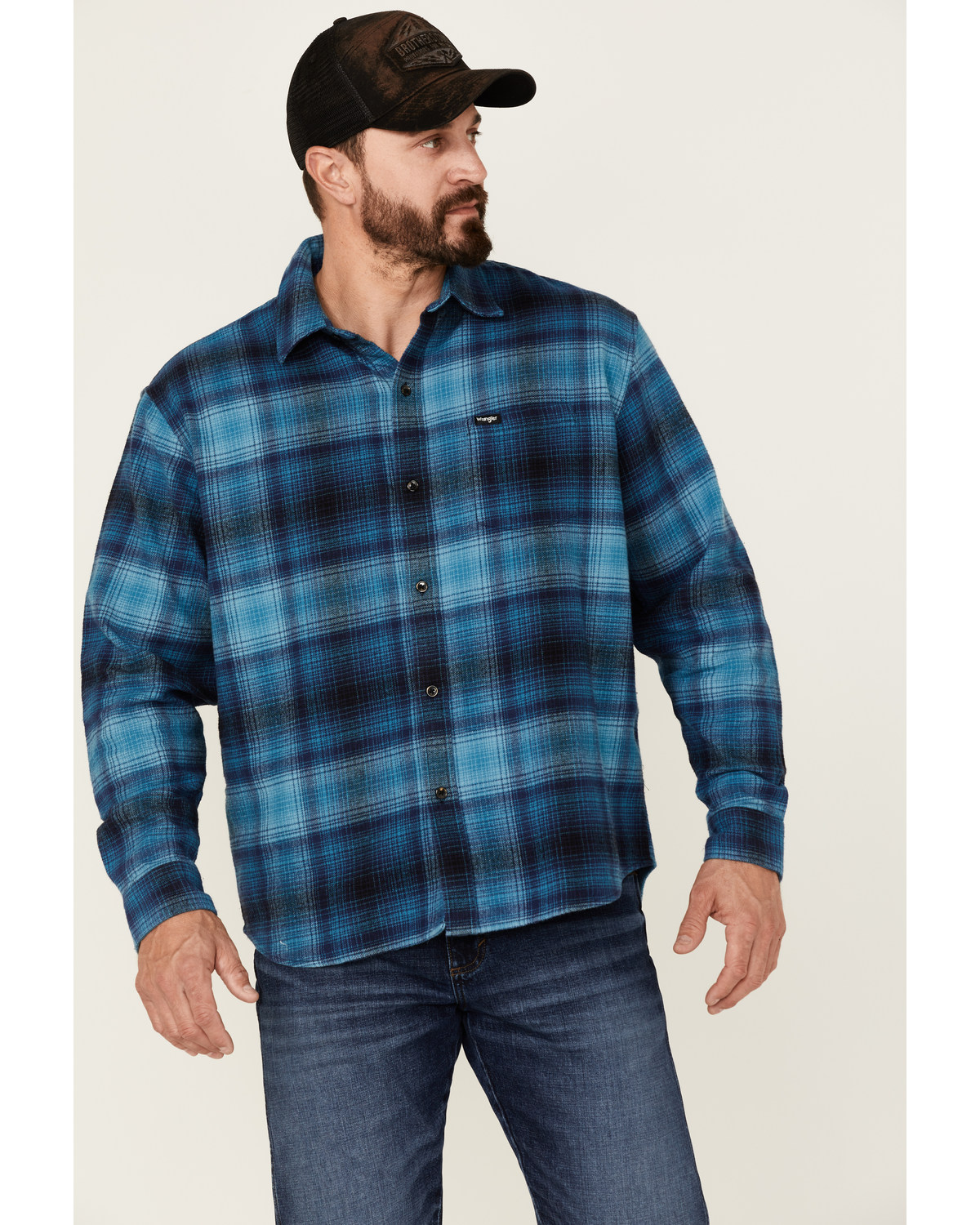 Wrangler X Fender Men's Plaid Tour Back Patch Button-Down Shirt Flannel Jacket