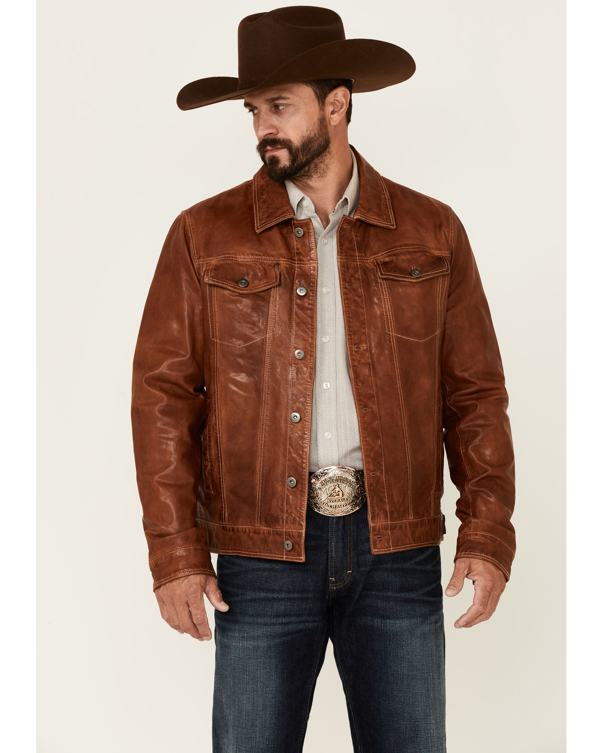 Scully Men's Tan Leather Button-Front Trucker Jacket