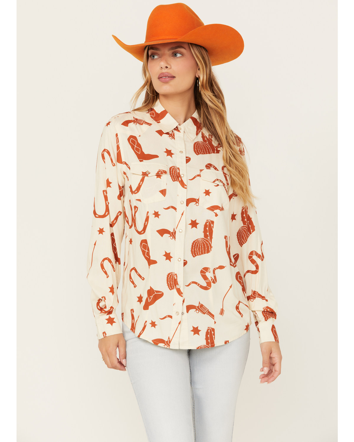 Cotton & Rye Women's Snake and Boot Conversation Print Long Sleeve Pearl Snap Western Shirt