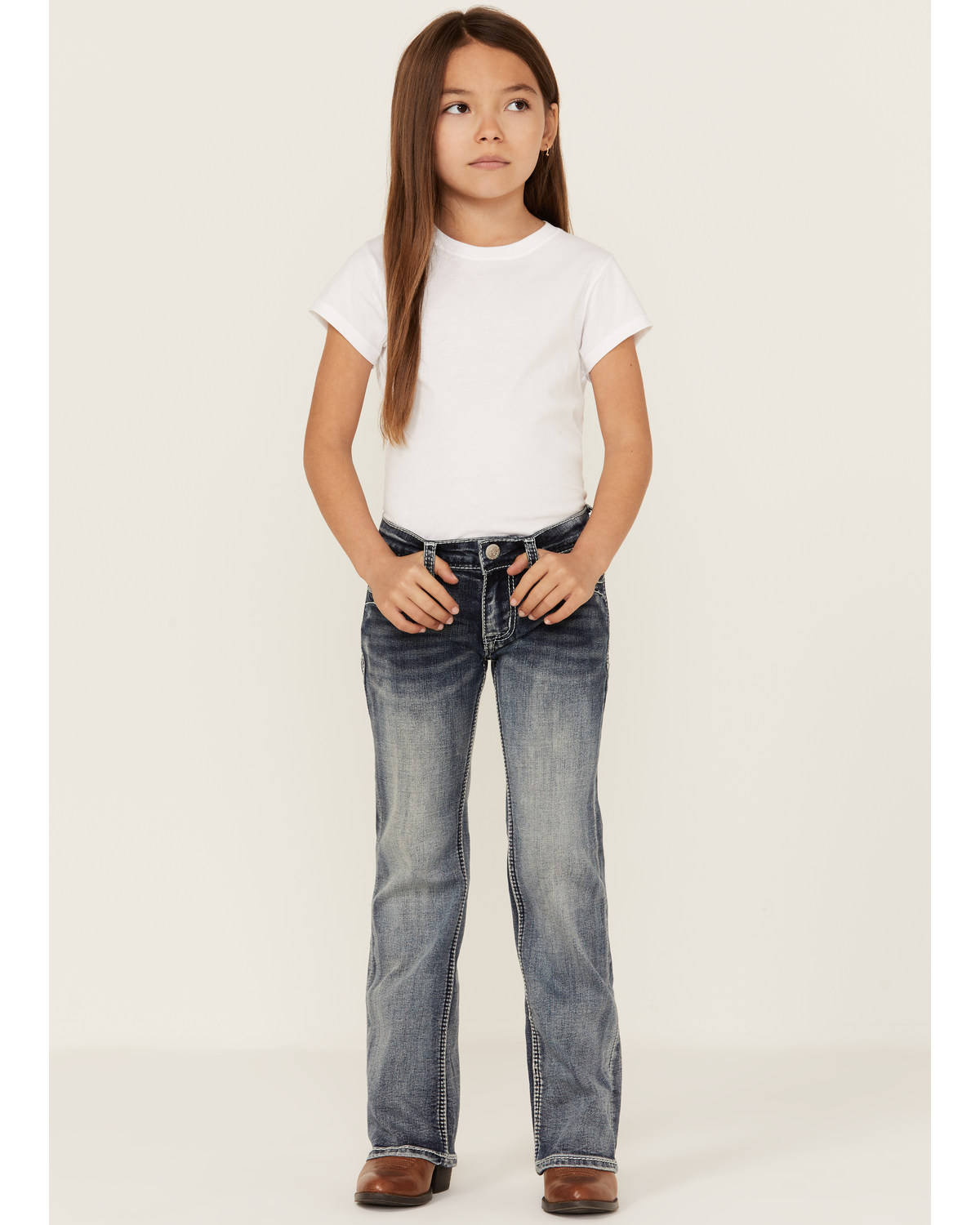 Grace LA Little Girls' Medium Wash Floral Pocket Stretch Bootcut Jeans