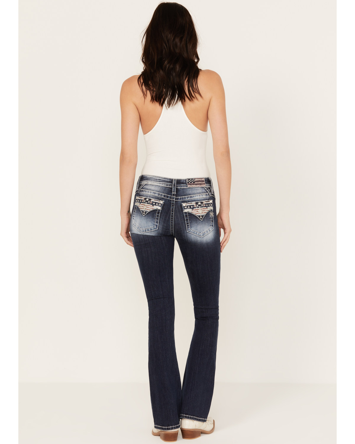 Miss Me Women's Dark Wash Mid Rise Americana Flap Bootcut Jeans