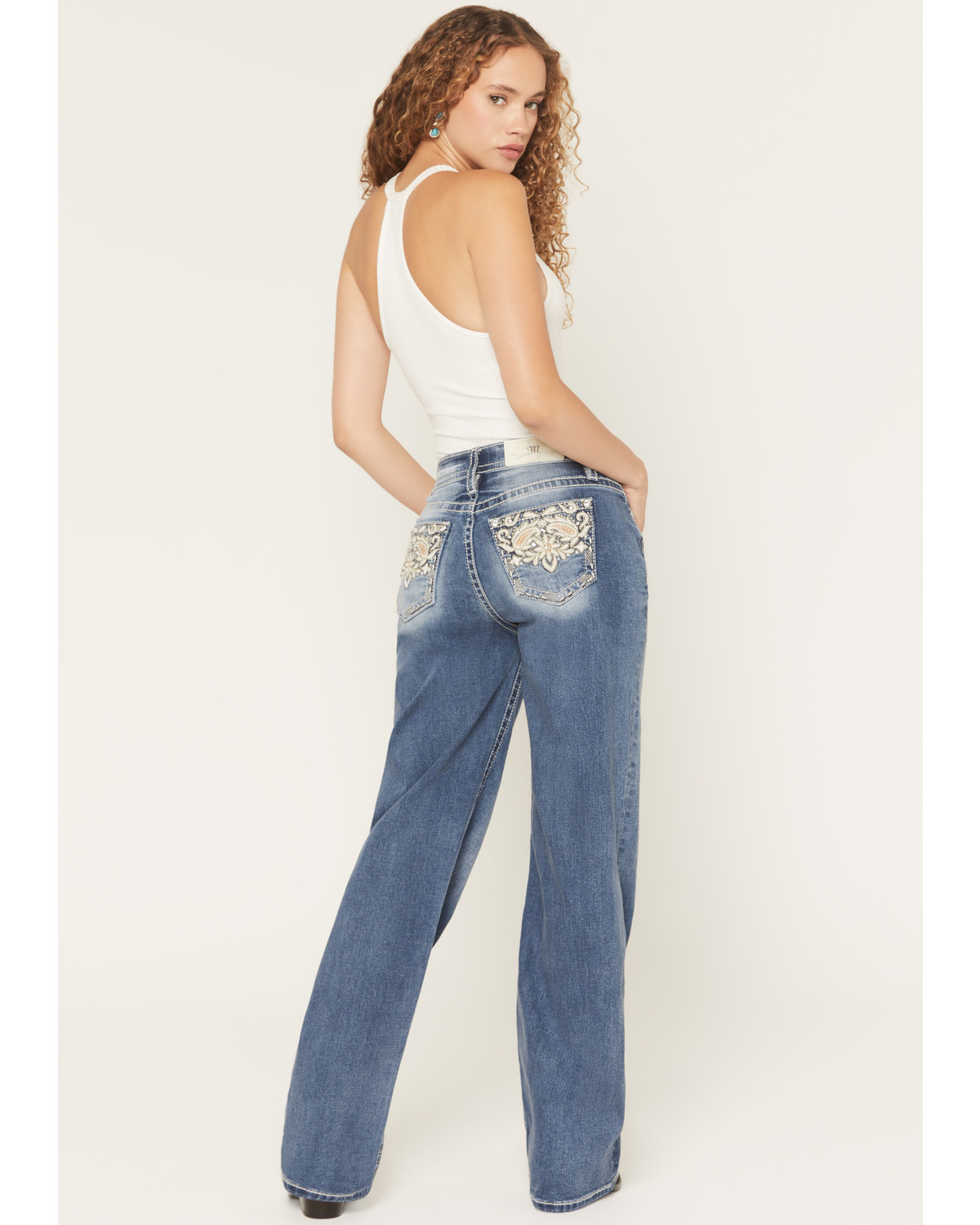 Miss Me Women's Medium Wash Mid Rise Paisley Pocket Slim 32" Bootcut Stretch Denim Jeans