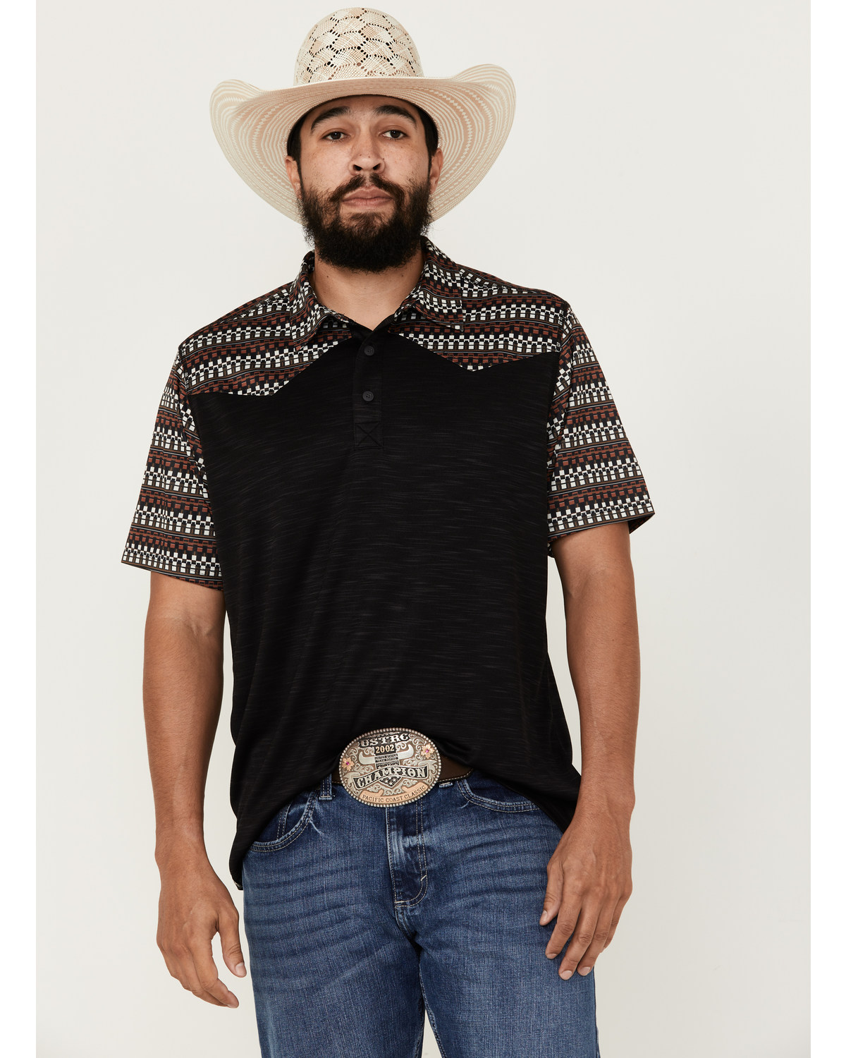 RANK 45® Men's Stripewood Tech Color Block Short Sleeve Button-Down Polo Shirt