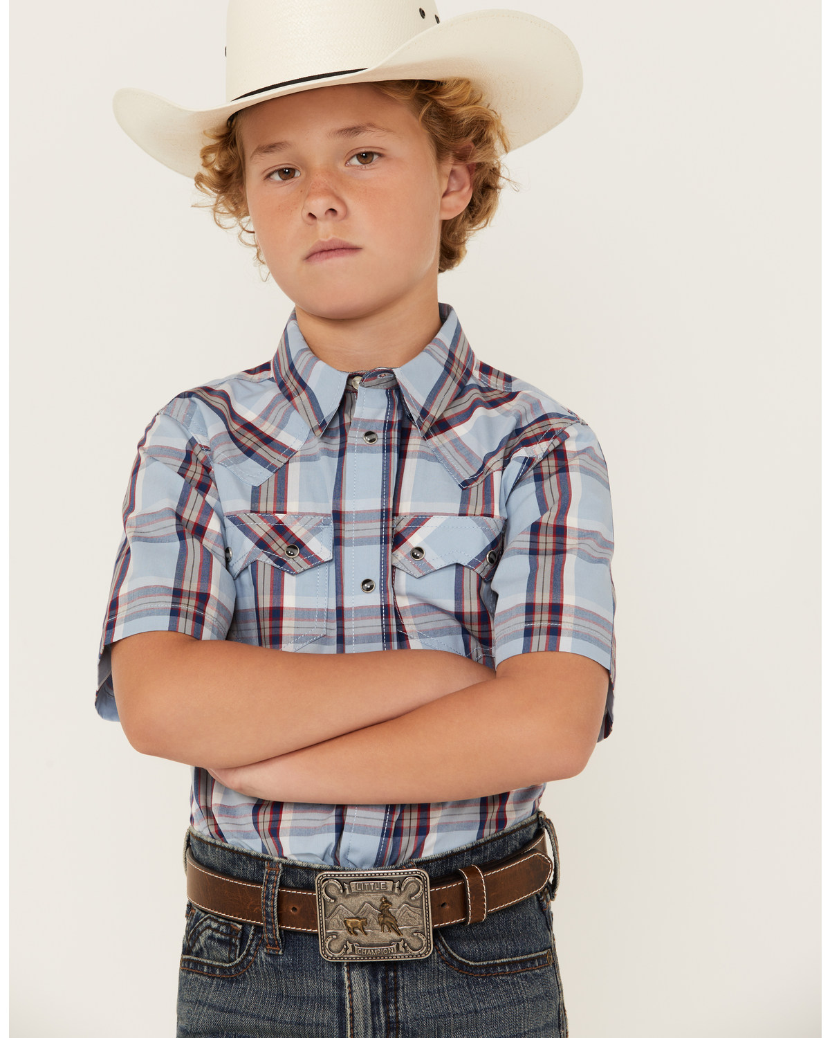 Cody James Boys' Plaid Print Short Sleeve Snap Western Shirt