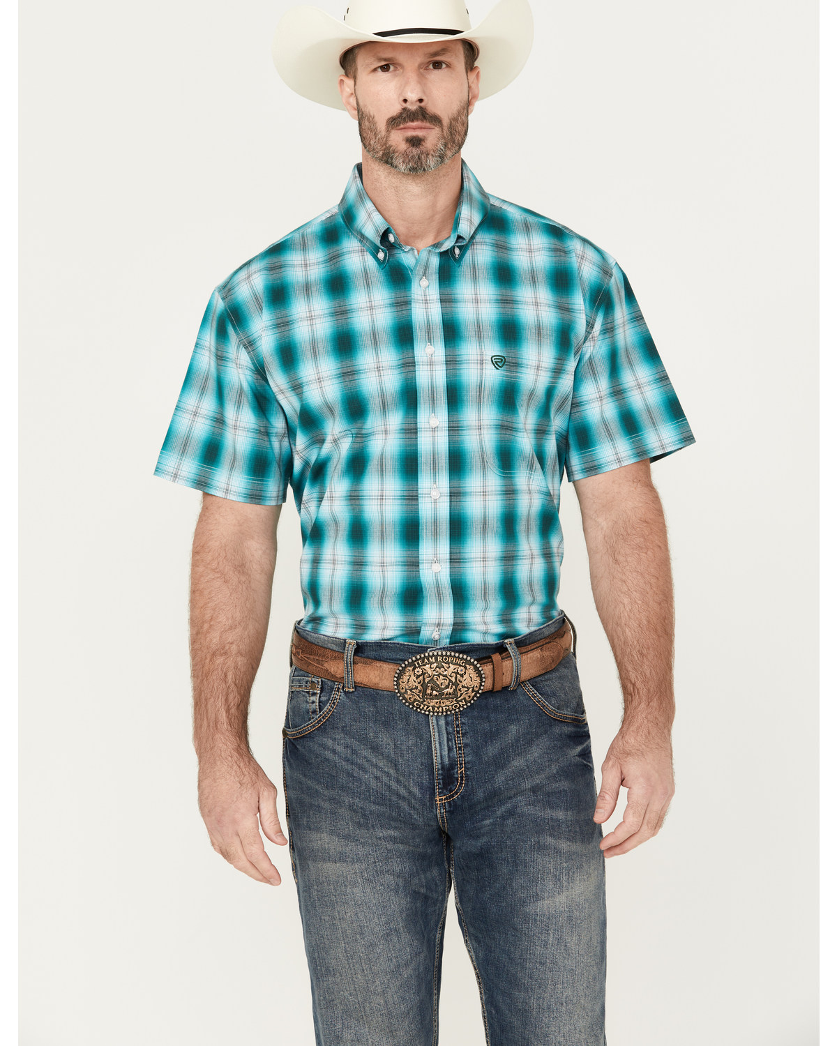 Rock & Roll Denim Men's Plaid Print Short Sleeve Button-Down Stretch Western Shirt