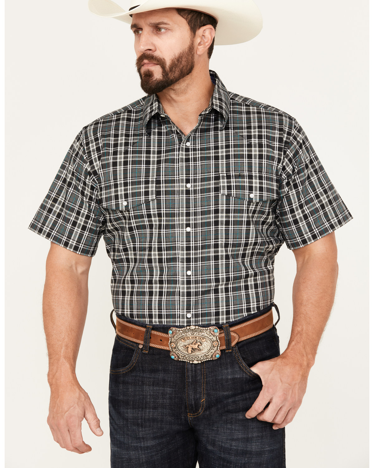 Wrangler Men's Wrinkle Resist Plaid Print Short Sleeve Pearl Snap Western Shirt