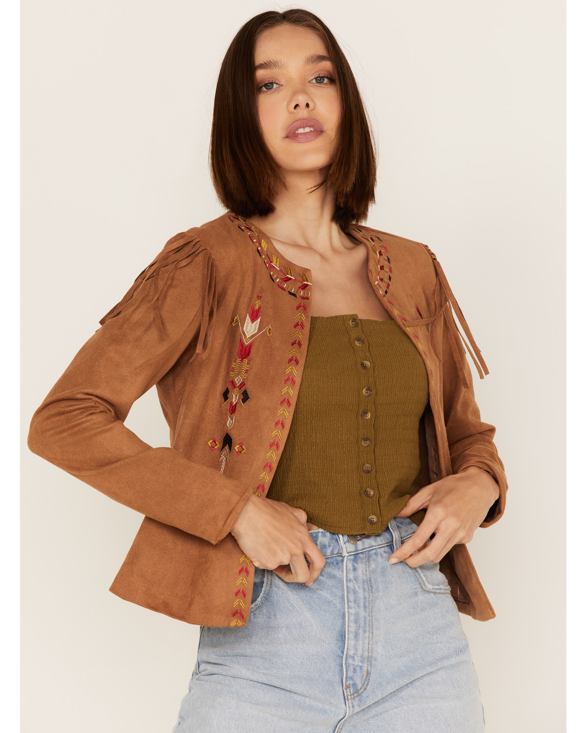 Fornia Women's Faux Suede Fringe Open Jacket